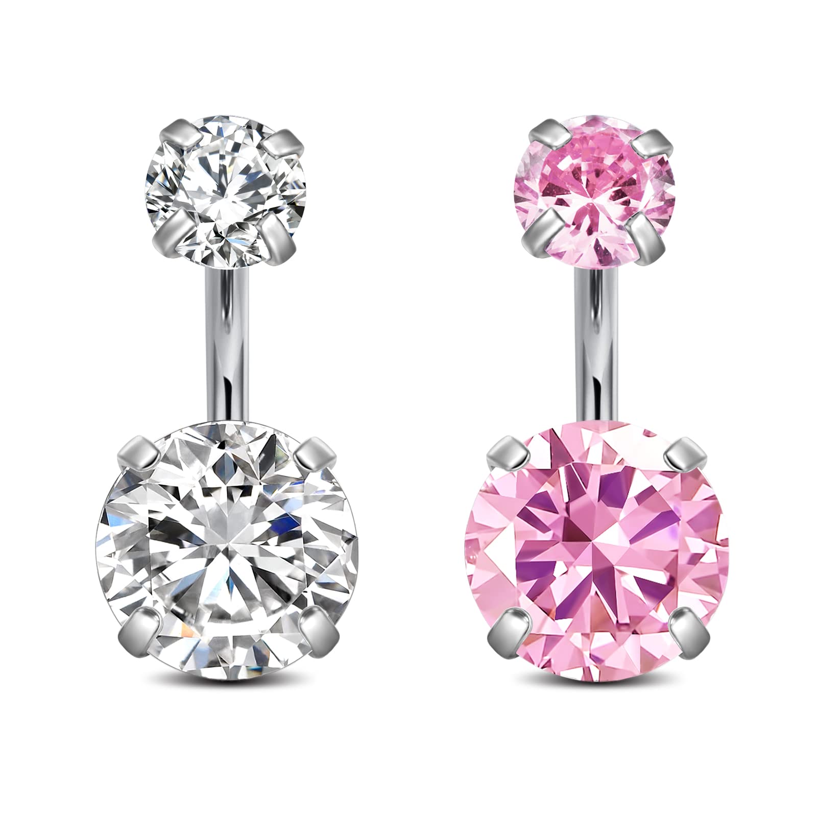 Incaton14G Belly Button Ring Surgical Stainless Steel Round Cubic Zirconia Navel Barbell Belly Rings For Women 6/8/10/12mm
