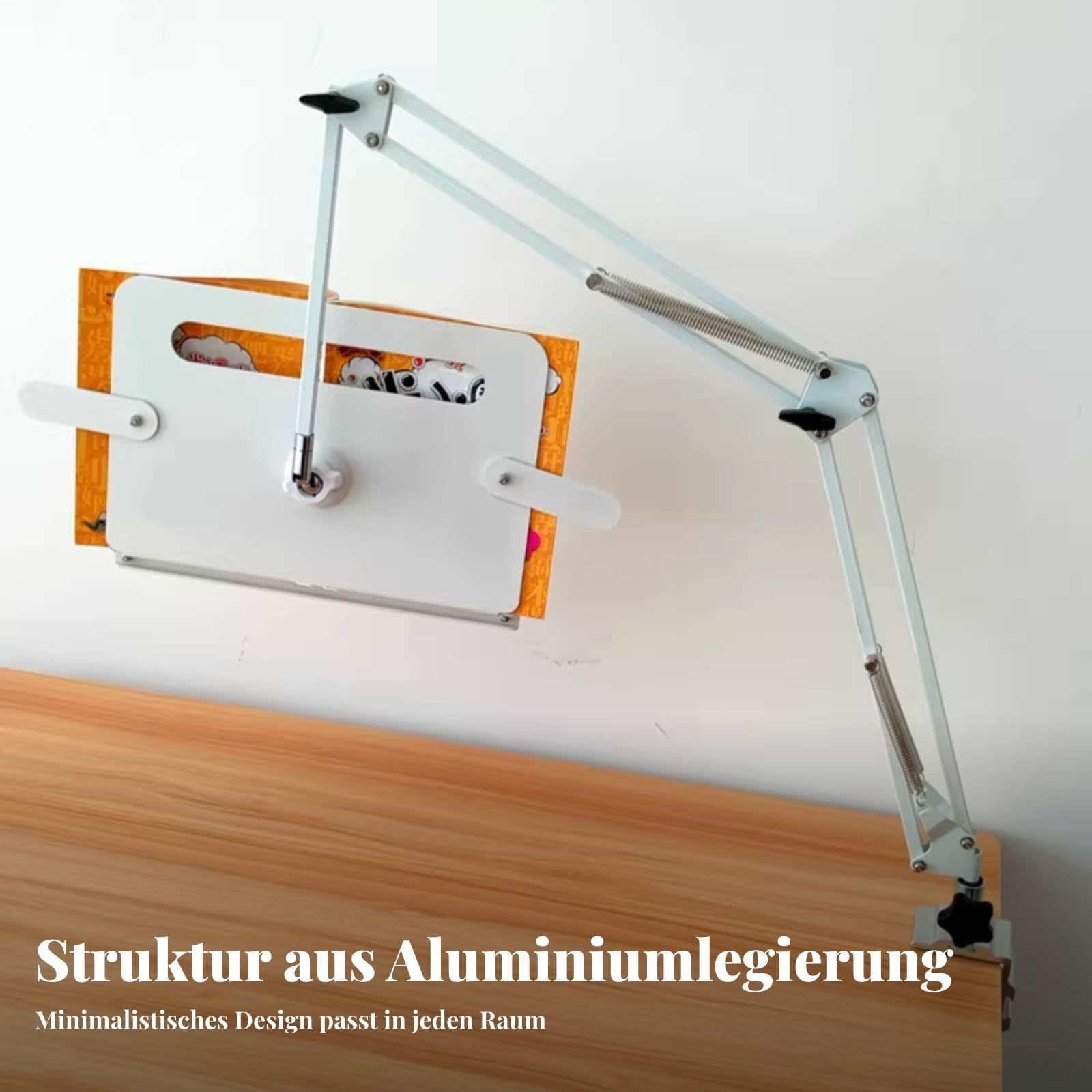 Faltarm Buchständer faltbar & kompakt Schwenkarm Buchhalter verstellbare Höhe & Winkel multifunktions-Tischständer für Leseratten, Kinder, Bett, Küche, Schwarz