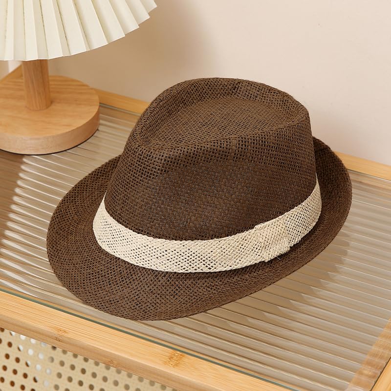 Image of SIQITECHNO Straw Fedora Sun Hat Straw Cowboy Hat for Women Men Classic Short Brim Fedora Trilby Roll Up Panama Jazz Beach Cap