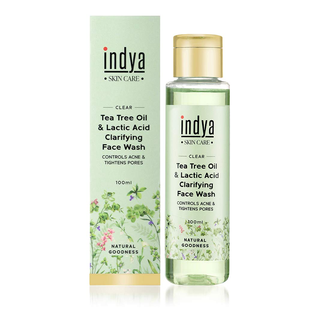 Indya Tea Tree Clarifying Face Wash with Lactic Acid | Oily to Normal Skin | Acne & Oil Control | Cleanses & detoxifies skin |No Paraben |SLS Free |100 ml