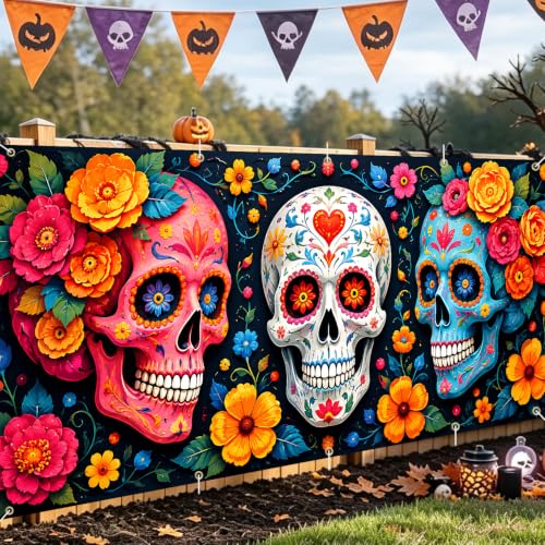 Image of Halloween Garage Door Decorations 7 x 16 ft, Sugar Skull Cover