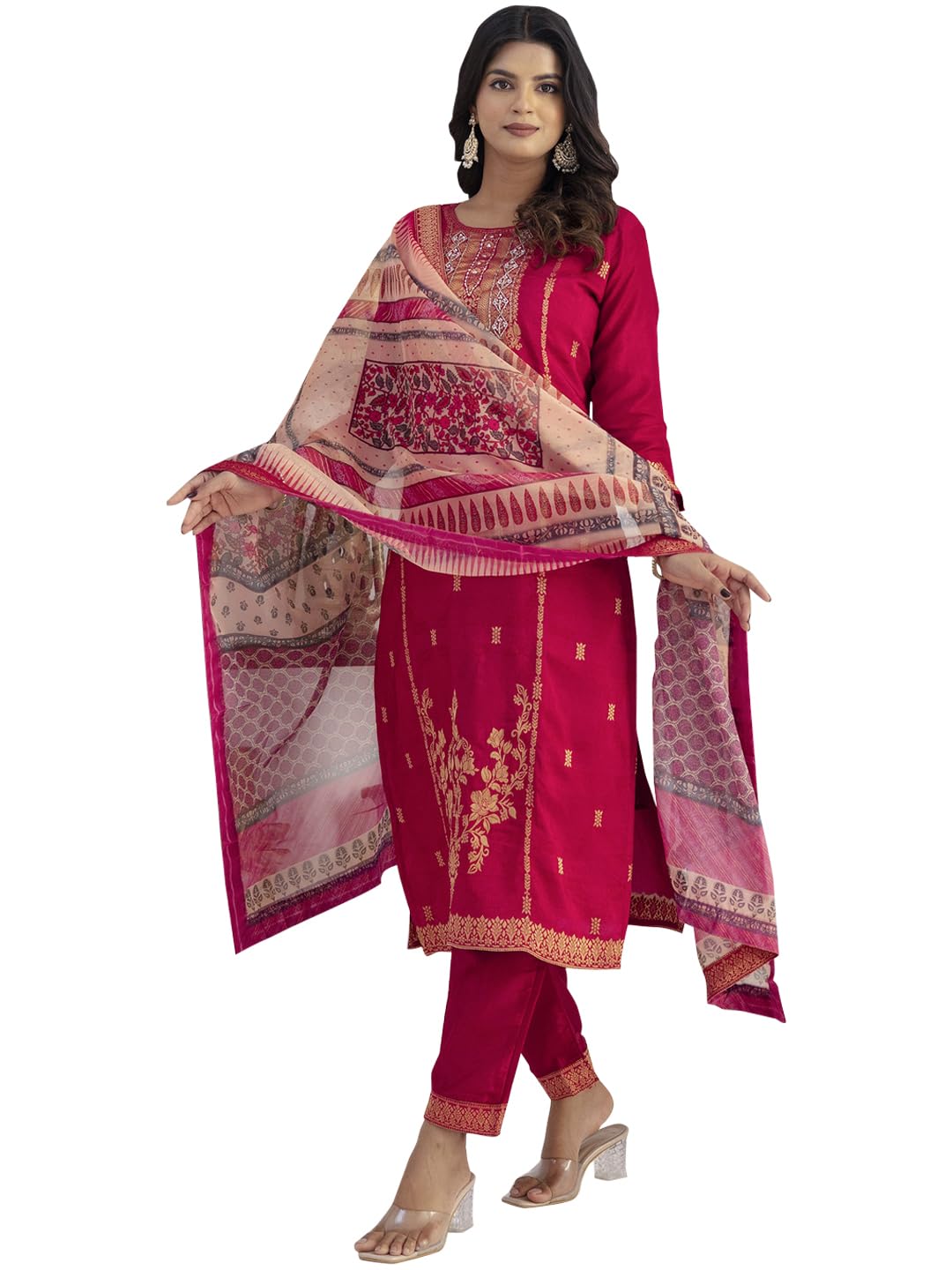 VredeVogel Women's Viscose Self Jacquard Kurta with Pant & Organza Digital Print Dupatta Set | Kurta Set for Women Occasions