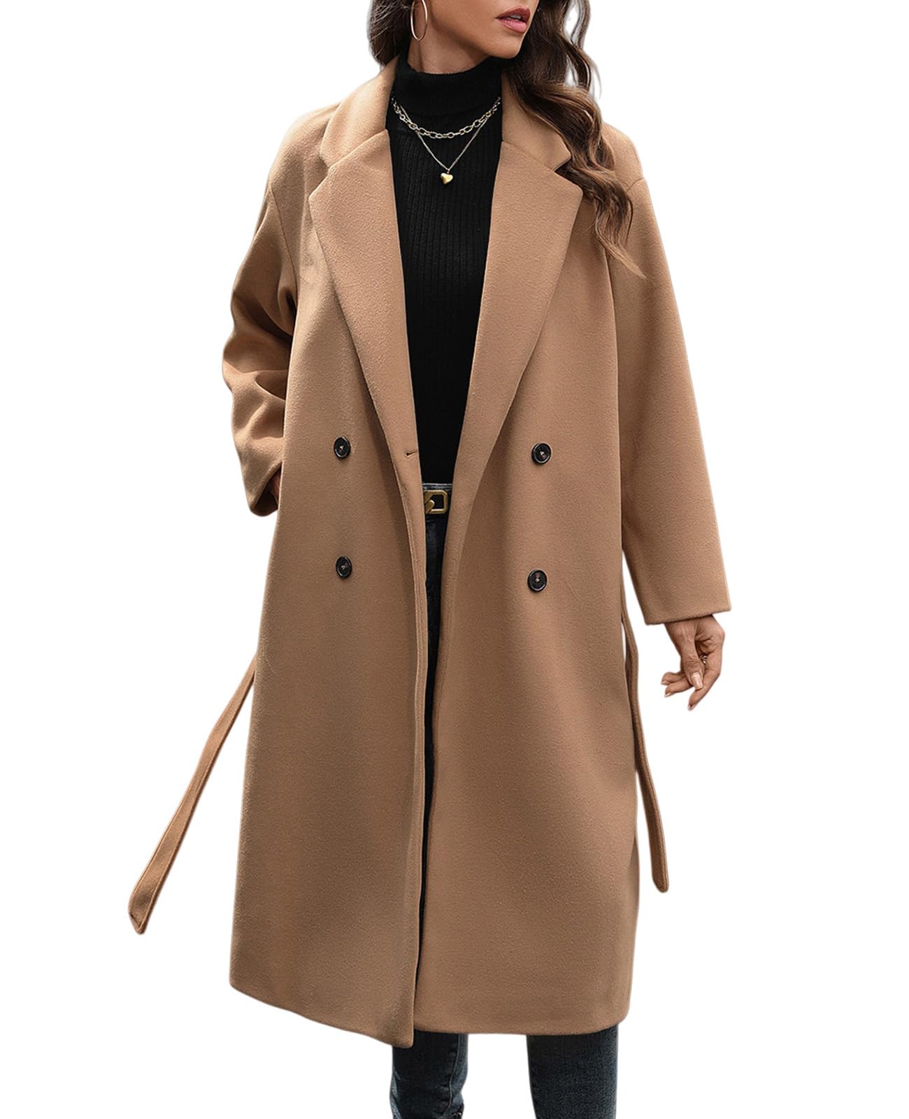 Women's Winter Double Breasted Wool Coat Long Sleeve Notched Collar Trench Long Oversized Button Down Overcoats-image-10