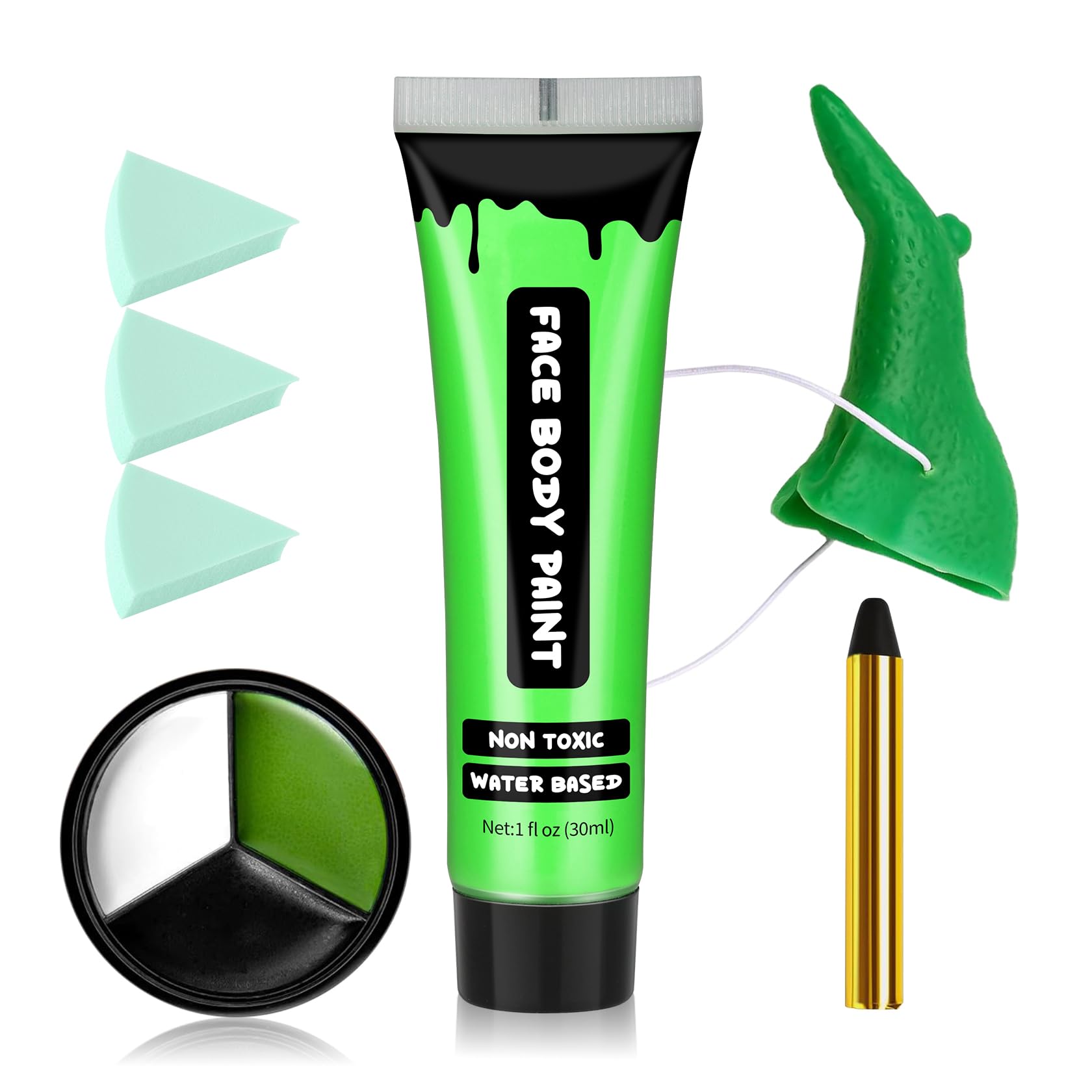 AIUEO 7PC Green Face Paint with Fake Nose Halloween White Black Face Paint