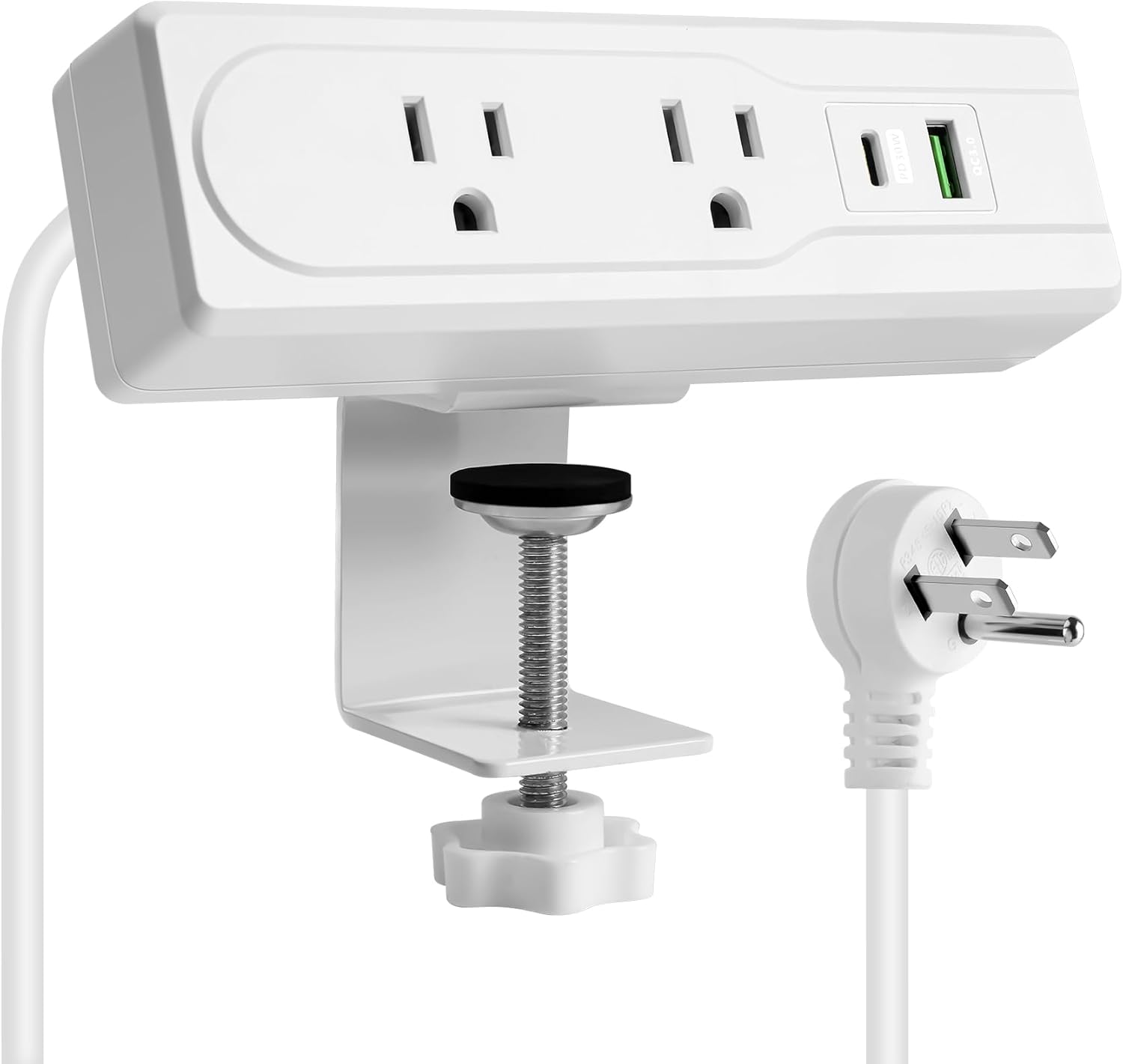 Desk Clamp Power Strip with 15Feet Extension Cord,45 Degree 3-Prong Thin Flat Plug, 2 Widely Spaced AC Outlets,2 USB Port (20W PD USB-C & 18W QC3.0 USB-A) Desk Edge Mount Power Strip,16AWG, ETL Listed