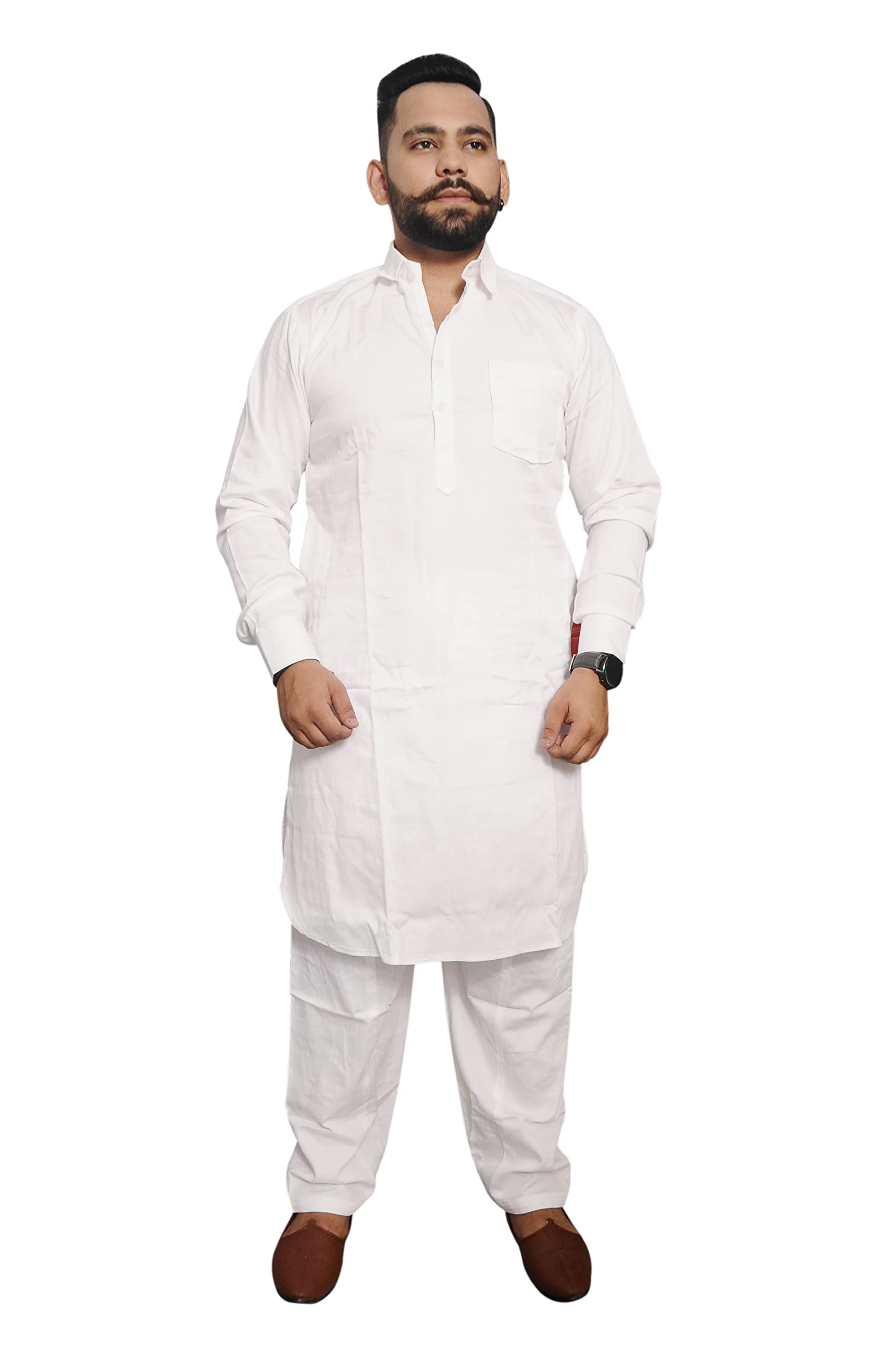 White Single Pocket Pathani Suit/Kurta Pajama (Set) Cotton-image-0
