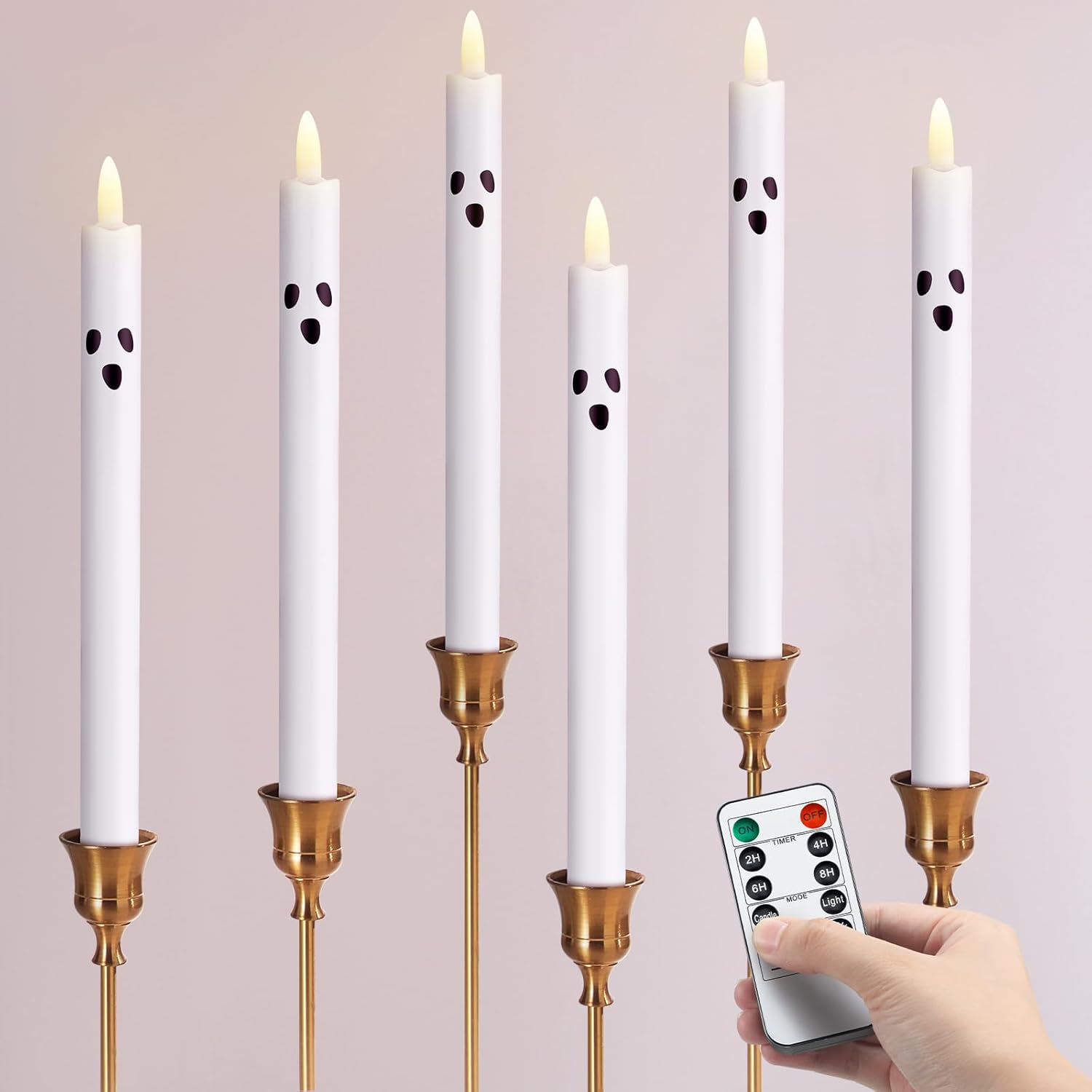 6 Pack Halloween Ghost Flameless Taper LED Candles 10 Inch Ghost Battery Operated LED Flickering Candle with Remote and Timer Halloween Party Decorations(Not Included Batteries)