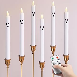 Baquler 6 Pack Halloween Ghost Flameless Taper LED Candles 10 Inch Ghost Battery Operated LED Flickering Candle with Remote and Timer Halloween Party Decorations(Not Included Batteries)