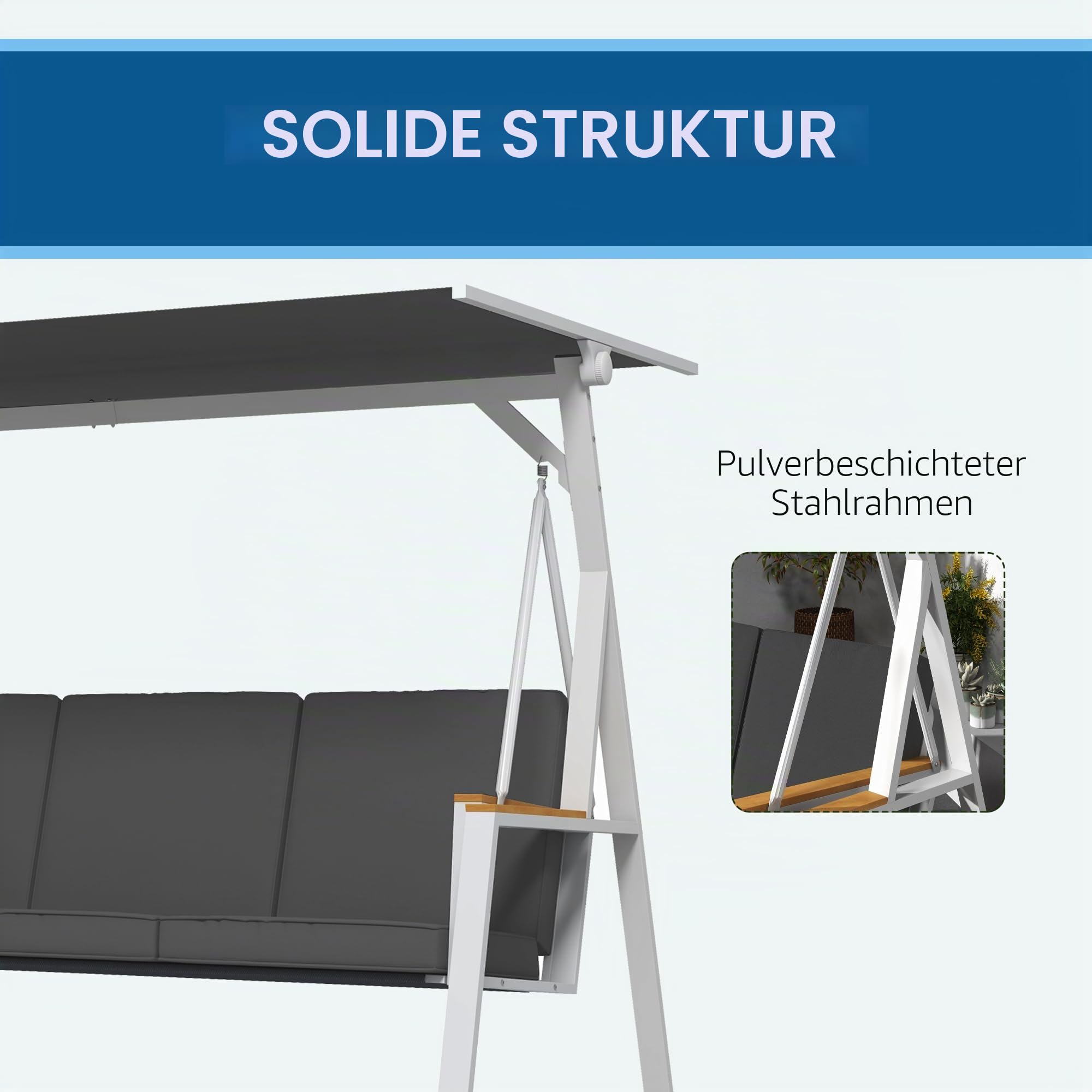 Outsunny Gartenschaukel, 3-Sitzer, mit Dach, verstellbare Neigung, Matratze im Lieferumfang enthalten, 205 x 130 x 175 cm, Stahlrahmen, dunkelgrau