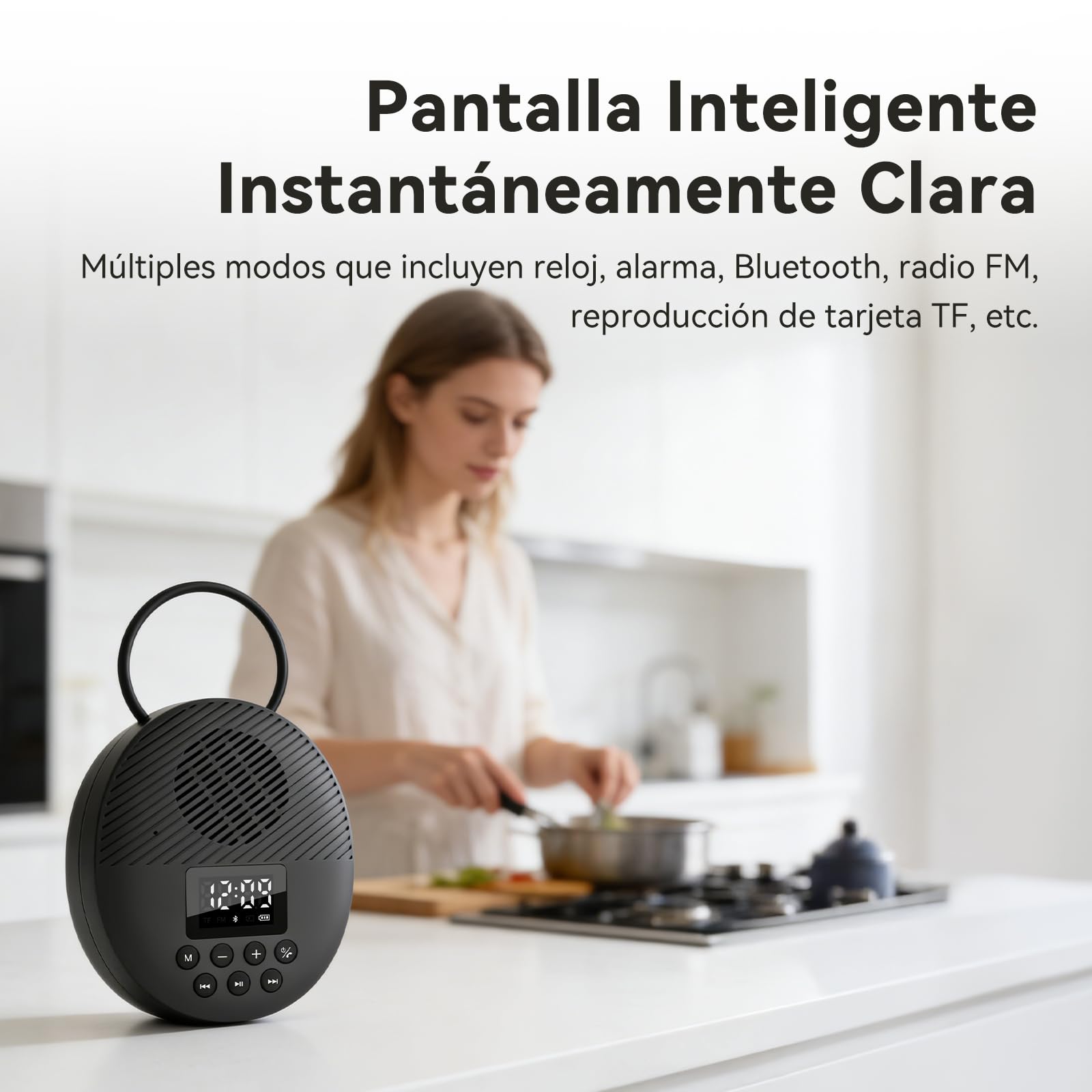 AGPTEK Altavoz Ducha Bluetooth 5.4, Inalámbrica Portátil Impermeable para Baño Ventosa, Radio FM Pantalla LCD, Reproducción 12H, Llamadas Manos Libres, Reproducción Tarjeta de Memoria Baño Piscina