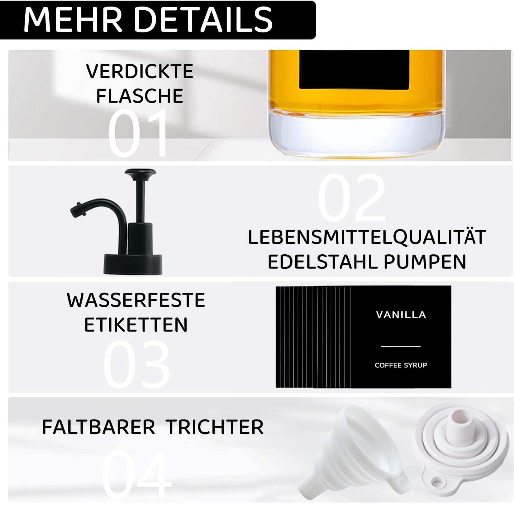 BIKALAN Lot de 2 distributeurs de sirop de café, distributeur de sirop de café, pompe à sirop, distributeur de sirop avec 36 autocollants, entonnoir, 500 ml