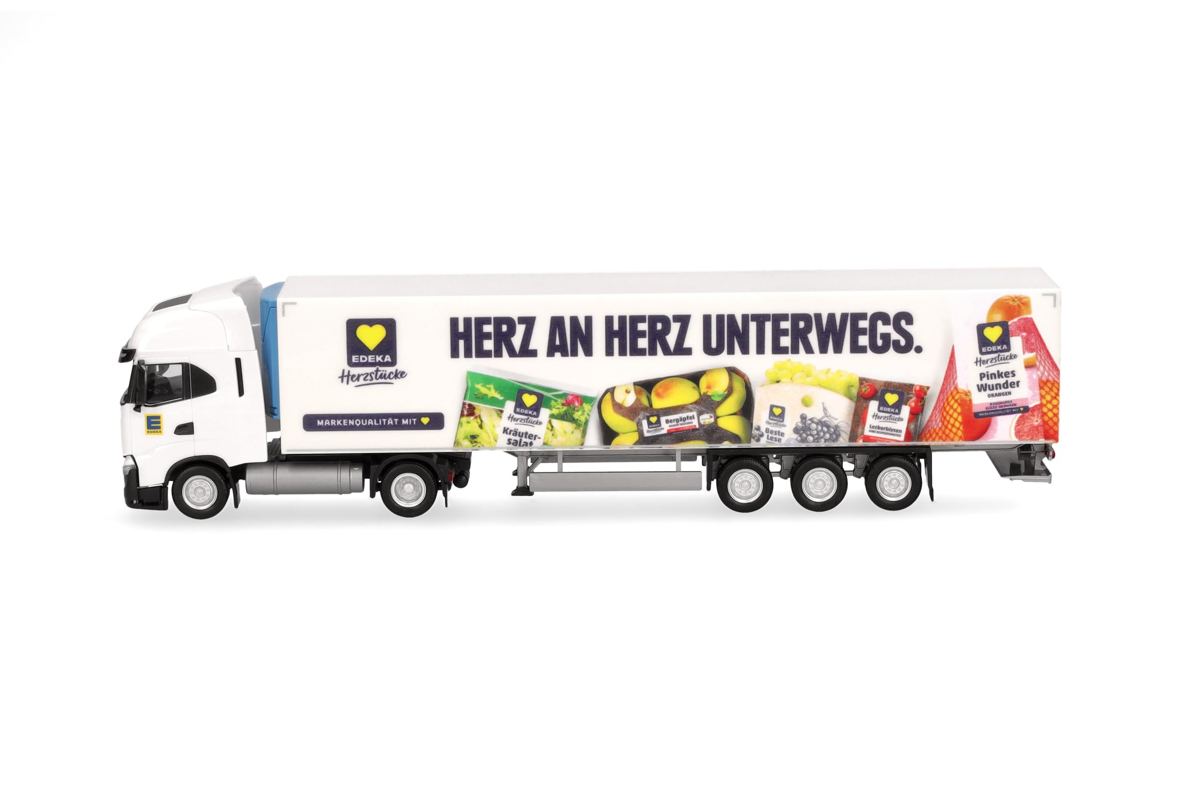 Herpa LKW Modell Iveco S-Way Kühlkoffer-Sattelzug Edeka, Miniatur im Maßstab 1:87, Sammlerstück, Made in Germany, Kunststoff, Weiß