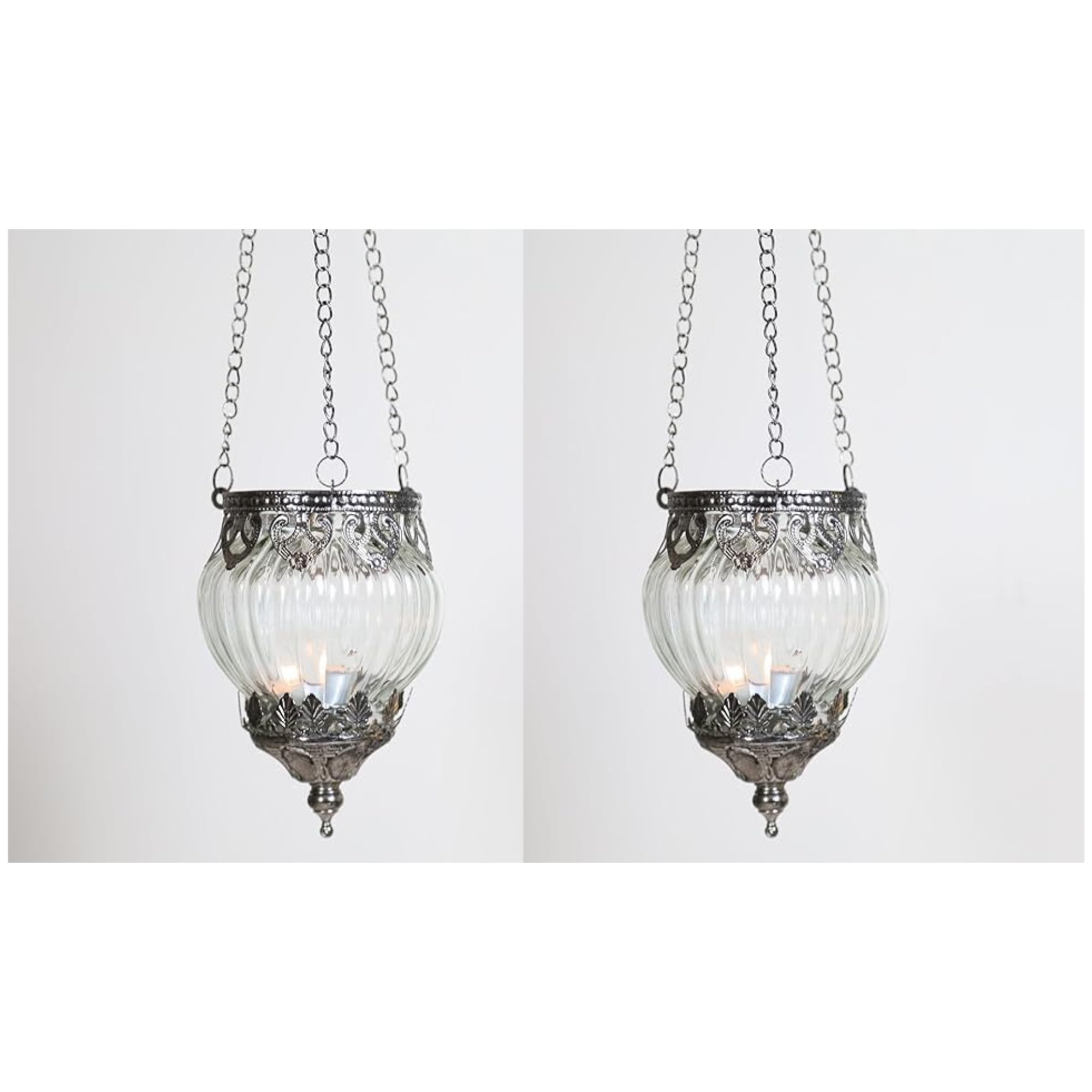 Fyne-Finds Silver Glass Hanging Ribbed Tea Light Candle Holder Moroccan Home Decor Metal Lantern (2)