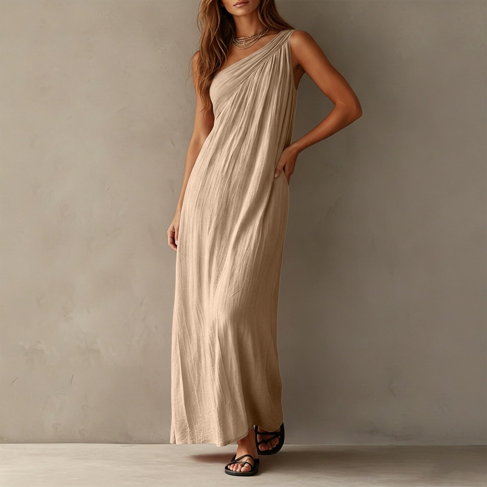 Vestido de verano para mujer, sin mangas, cuello asimétrico, vestido de playa, fino, de secado rápido, vestido largo de muselina, vestido elegante con tirantes, vestido midi para vacaciones y lounge