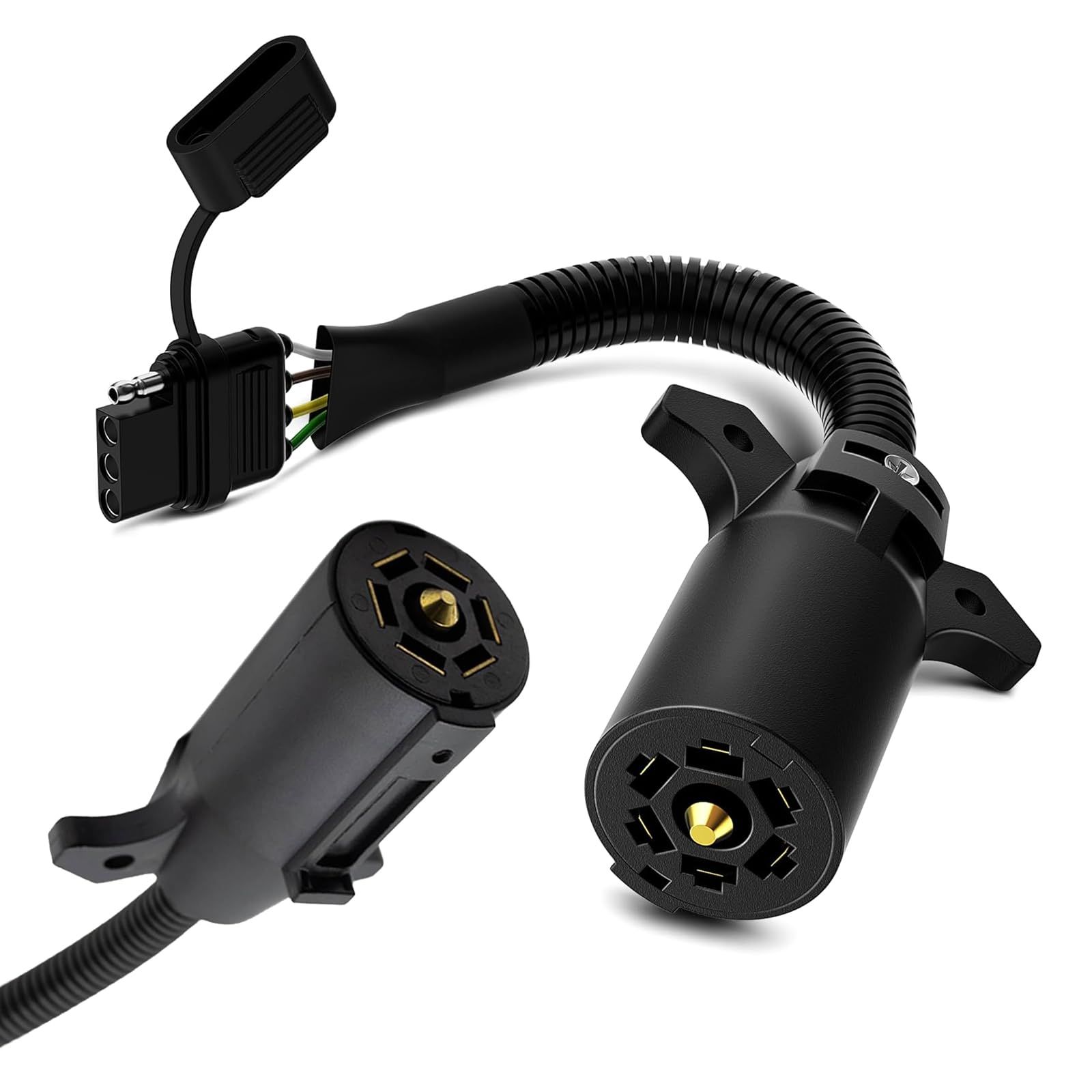 1 PC 7 Way Blade to 4 Way Flat Trailer Adapter, Single Function 7 Way Round to 4 Pin Wiring Connector, Car Plug Cord Accessory, Universal for Most RVs, Trailers (Black)