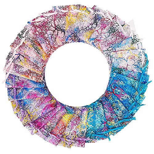 Fuyamp 100pcs 7x9cm Sacs En Organza, Cordon De Serrage Coloré Motif Corail Petit Sacs En Organza Sac De Bonbons Sac de Bijoux Transparent Faveurs de Mariage Sacs-cadeaux pour de Fêtes de Célébration Cover