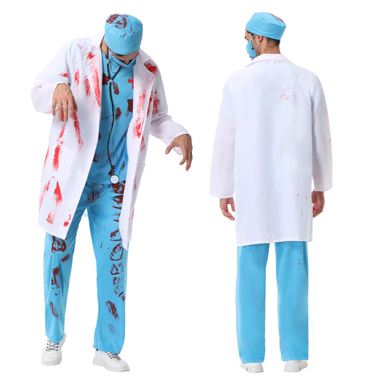 Kostium medyczny zombie dla mężczyzn, zestaw kostium chirurga horror kostium medyczny na Halloween dla mężczyzn w szlafroku, czapka lekarza, maska lekarza, top, spodnie i stetoskop
