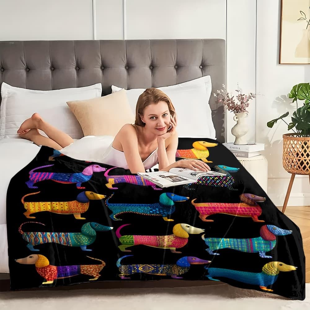 Générique Koc polarowy XXL 180 x 220 cm jamnik zwierzęcy flanelowy pluszowy miękki i ciepły czarny koc na sofę w podróży gruby i termiczny