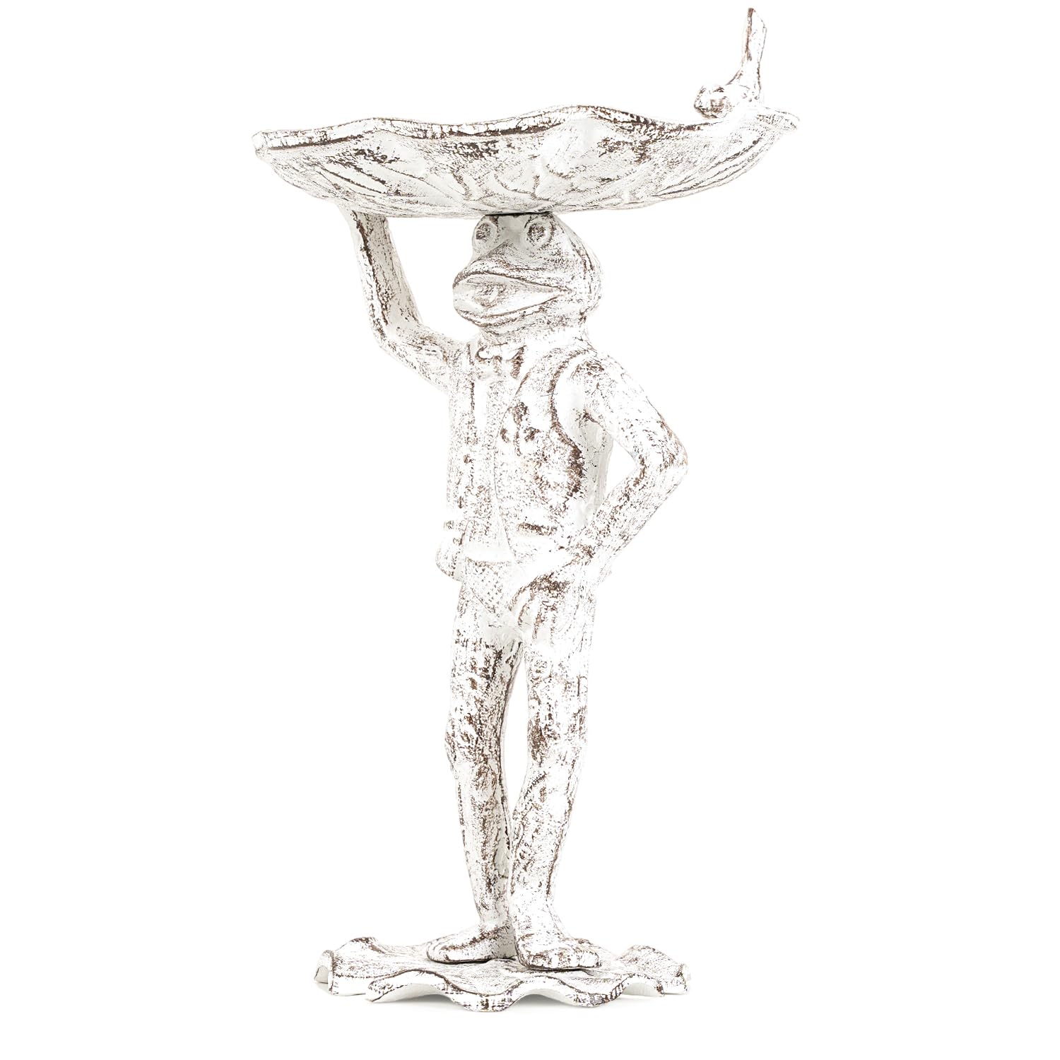 Sungmor Vogelfutterspender aus Gusseisen, Frosch-Statue, Garten-Frosch-Statue mit Blättern, für den Außenbereich, kleine Vogeltränke, Süßigkeitenschale, Terrassentischdekoration | Garten-Frosch-Statue mit Blättern für den Außenbereich, kleine Vogeltränke,