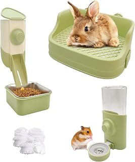 BNOSDM Small Rabbit Litter Box Kit 5-in-1 Bunny Potty Training Litter Box with Tray Rabbits Feeders Bunny Water Dispenser for Cages and Disposable Liners for Guinea Pigs Ferrets Chinchillas Green