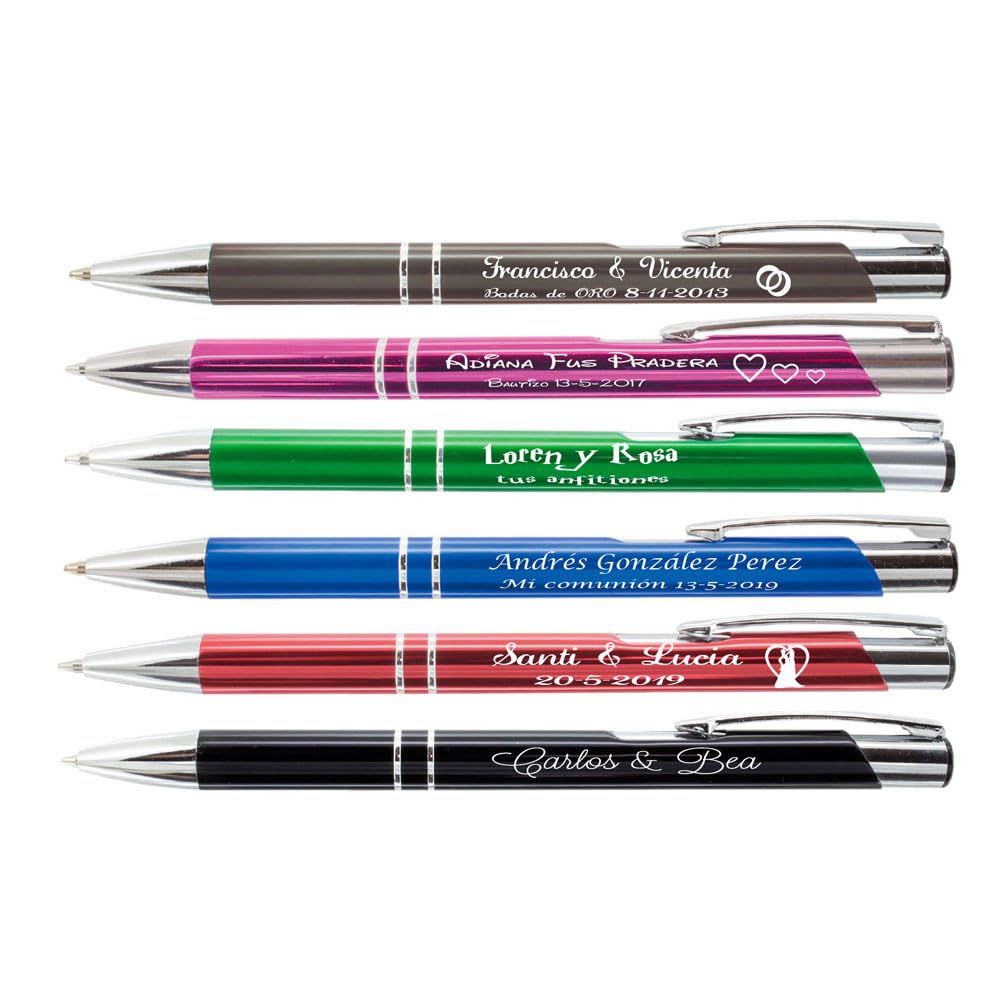 regalo grabado - 50 Bolígrafos Personalizados Metálicos | Grabado de Texto 2 Líneas o Logo | Regalo para Invitados Boda, Comunión, Bautizo, Cumpleaños y Eventos |Bolígrafos Empresas | Unidades (50)