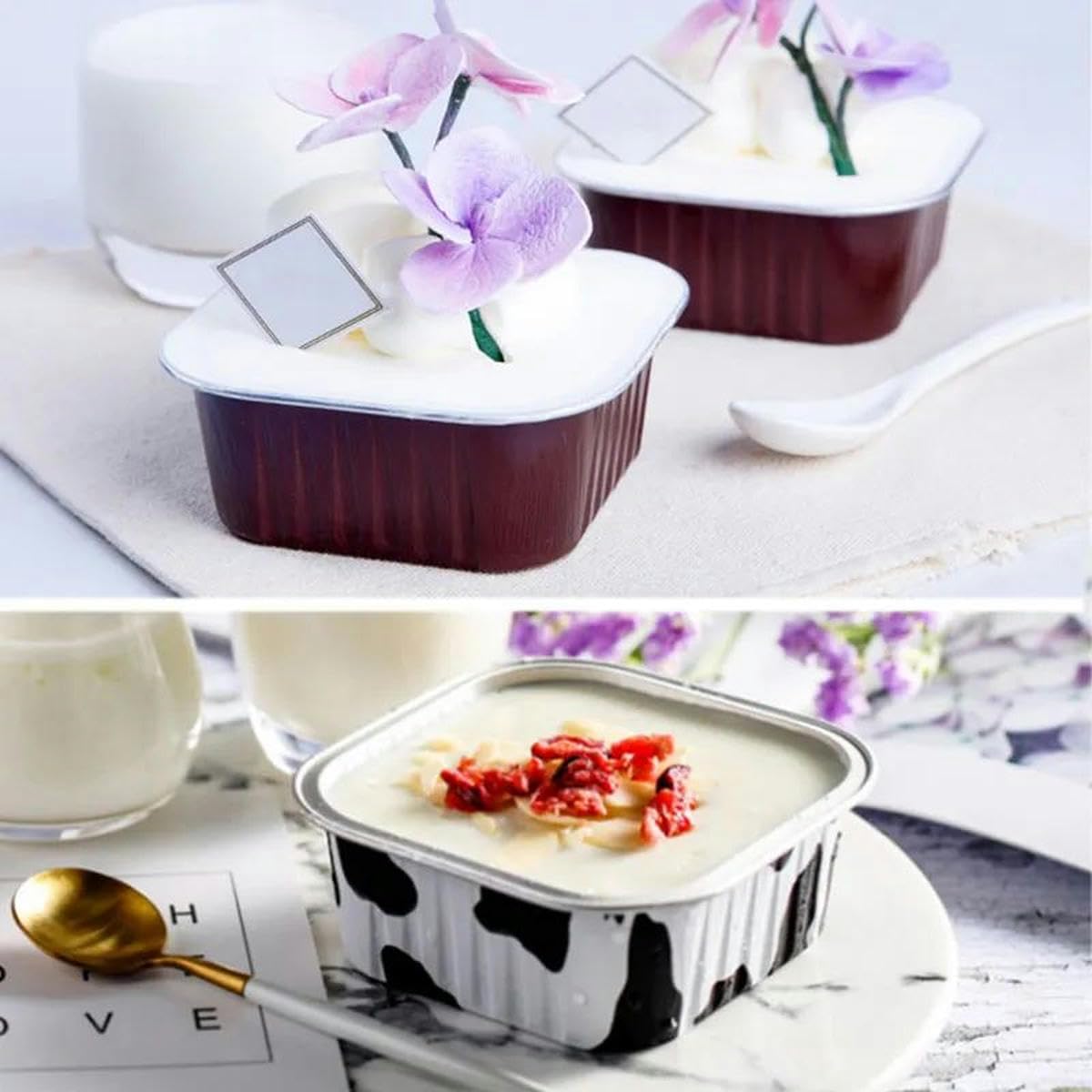 10/50pcs gobelets de cuisson en papier d'aluminium 300 ml crème brûlée dessert gobelets à cupcakes de forme carrée avec couvercles outils de gâteau à muffins-argent-50pcs