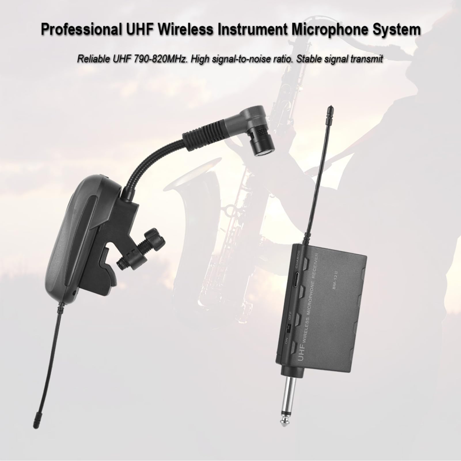 Bezprzewodowy System Mikrofonu Saksofonowego Niezawodny Mikrofon Instrumentalny UHF do Saksofonu, Trąbki, Trąbki, Występu Scenicznego