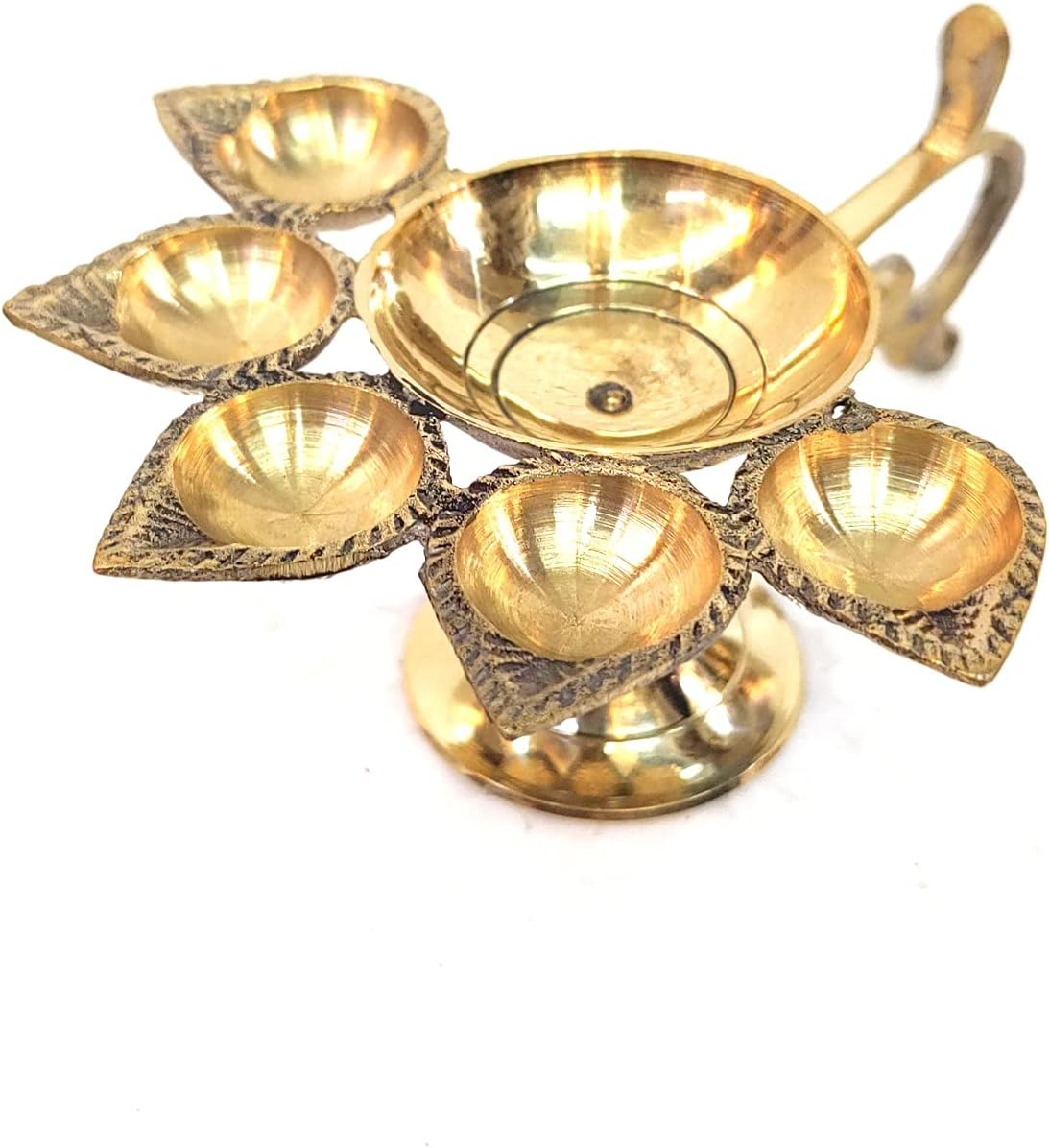Brass Oil Lamp Holder, Traditional Decorative 8-Diyas Design, Gold Finish, Leaf Pattern, Religious Pooja Accessory