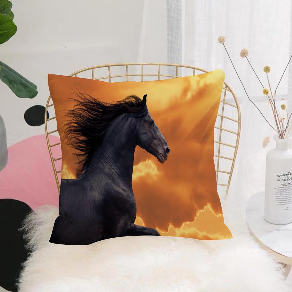 HYOSXW Cushion Cover,Throw Pillow Case Home Decorative for Living Room Bedroom Sofa Chair 16X16 Inch,Animal, Portrait of a Galloping Friesian Horse with Hot Sun Rays, intensity of,Pillowcase 40X40cm
