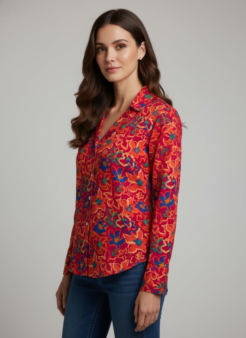 ANNI Designer Bedrucktes Damenhemd aus Baumwollmischgewebe, langärmelig, normale Passform, Hemdkragen, legere Bürokleidung, elegante Western-Kleidung für den Alltag, Hochzeit, Party