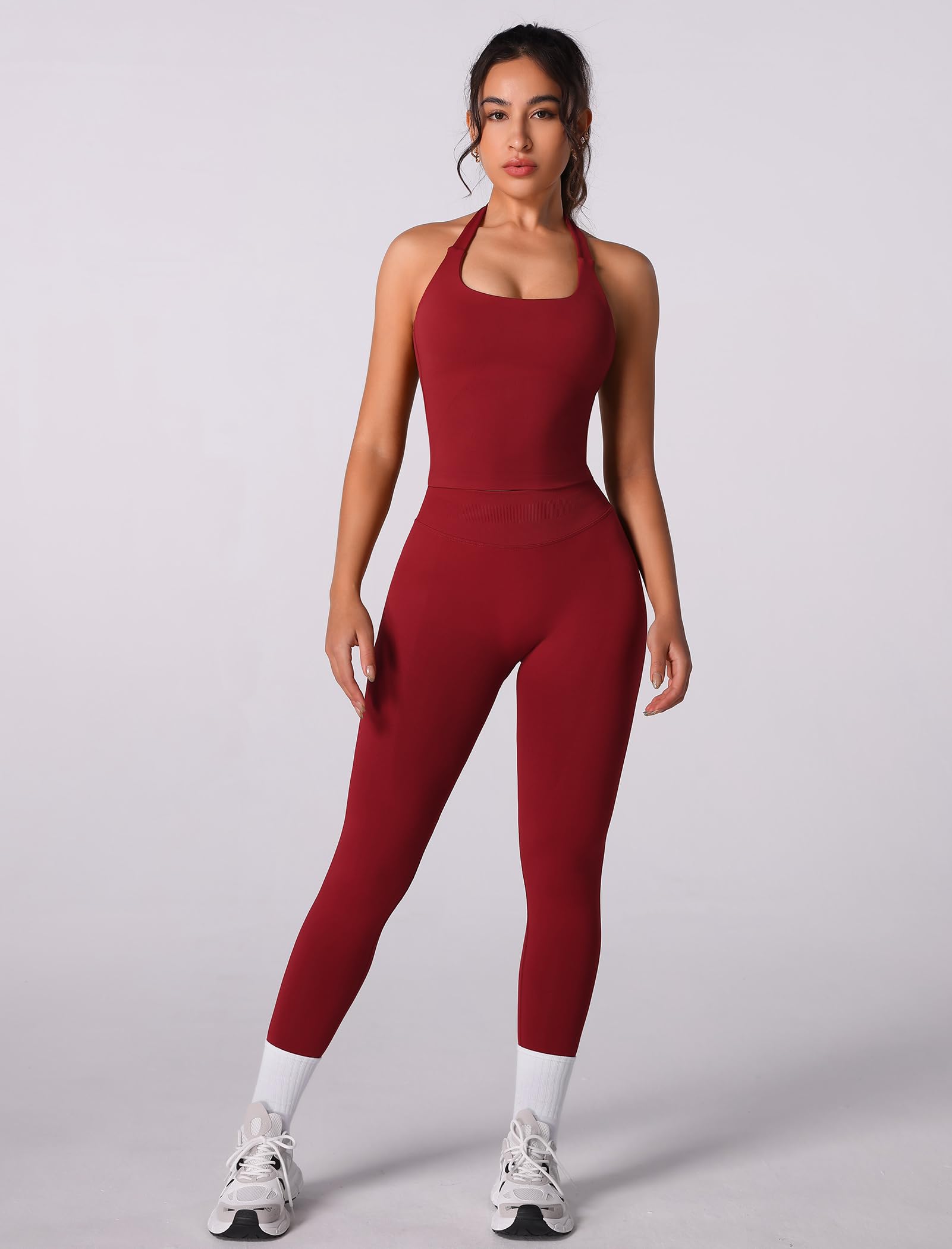 Odizli Sport Set Damen Neckholder Top mit BH + High Waist Leggings Outfit Fitness Gym Yoga Sportset
