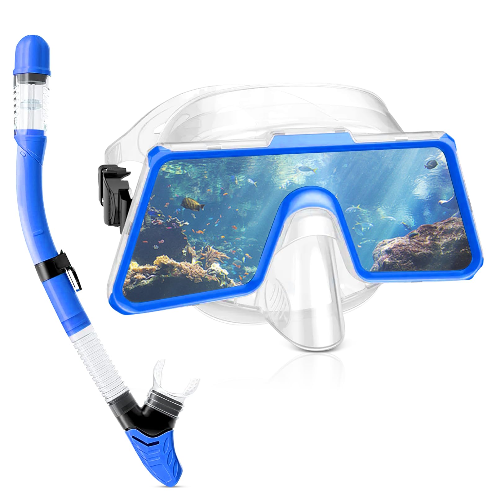Infreecs Juego de snorkel para adultos, gafas de buceo con esnórquel seco, antivaho, antifugas, panorámicas de visión amplia, máscara de snorkel de vidrio templado, para buceo, snorkel y natación