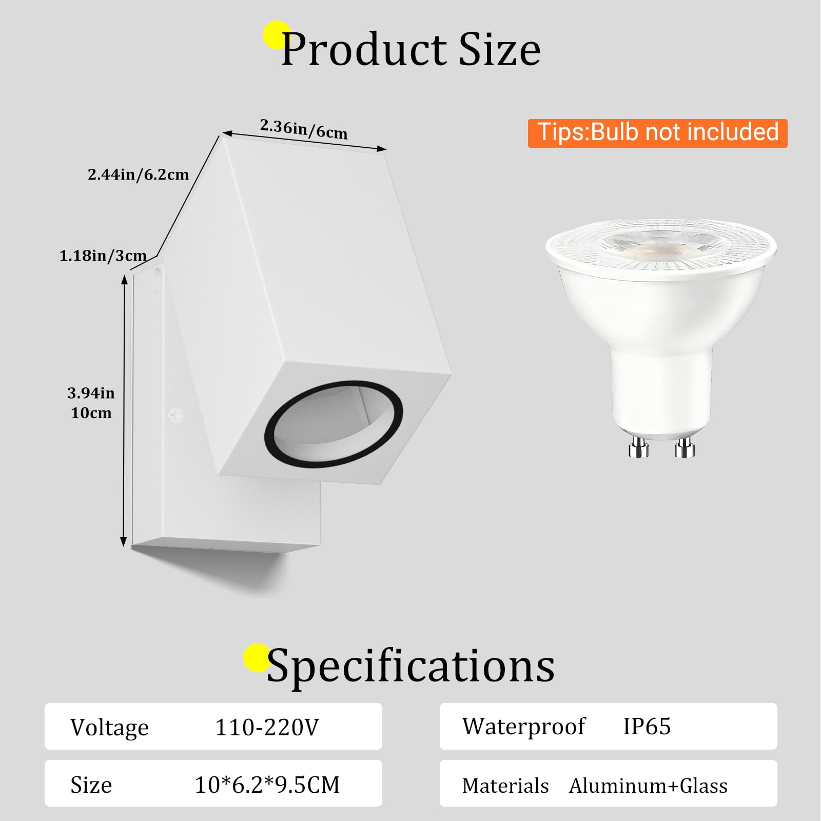 Aipsun 2 PCS Applique da Esterno/Interno,Ip65 Lampada da Parete in alluminio applique Gu10/90 gradi orientabili esterno/interno,impermeabile,Applique senza lampadina，Bianco