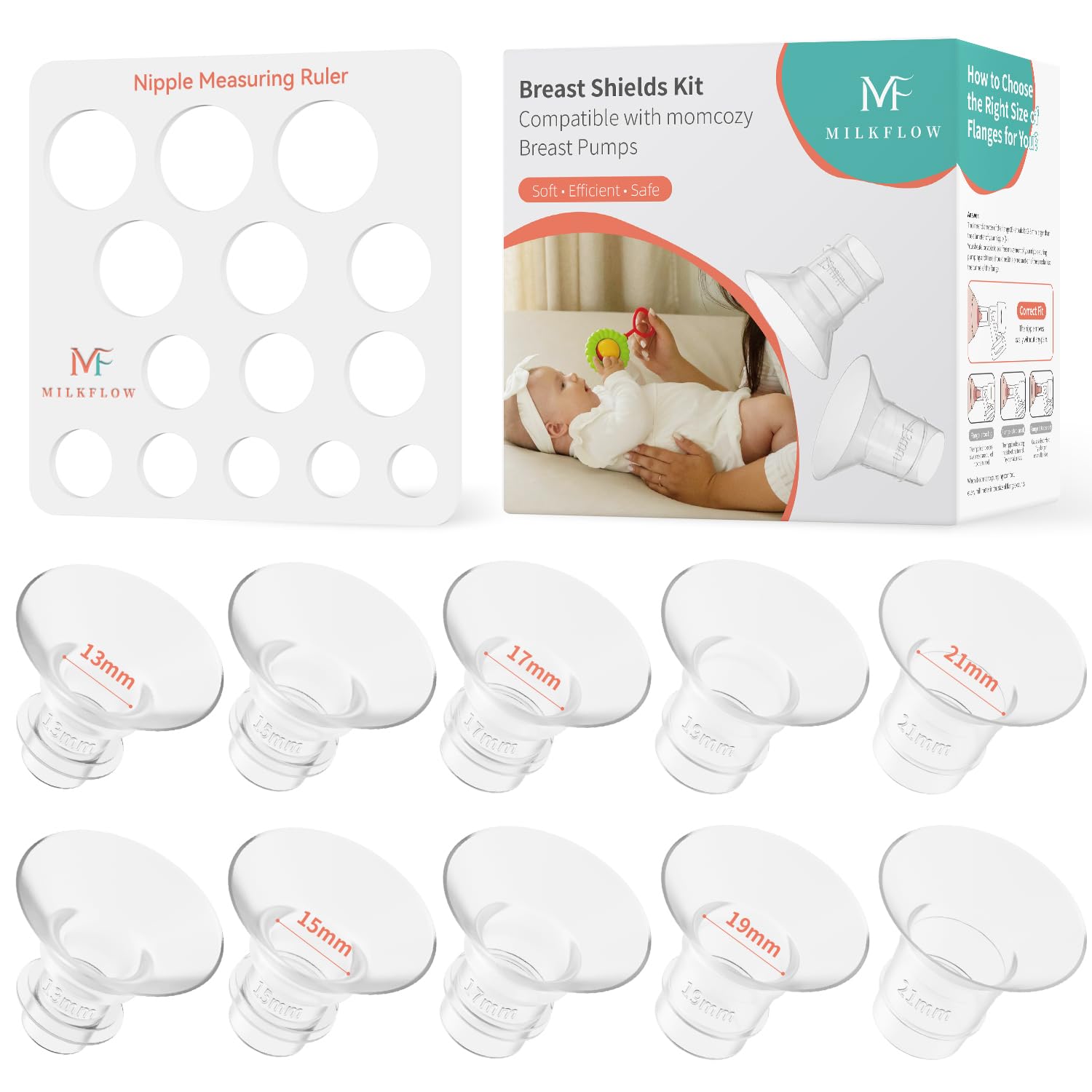 10 Stück Flansch-Einsätze 13/15/17/19/21mm,Kompatibel mit Momcozy M5/S9Pro/S12Pro, Medela, KISSBOBO K5/K6 und mehr, Silikon Milchpumpen Flansch Reduzierer für 24mm Shields,BPA-frei