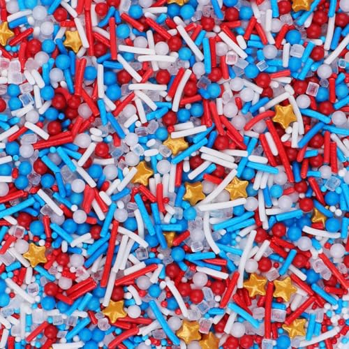 Image of Red White and Blue Sprinkles, Patriotic 4th of July Gold Star Sprinkles | Edible Pearls, Jimmies, Golden Stars, Coarse Sugar, For Baking, Cookie, Cupcake, Ice Cream Topping, Memorial Holiday Supplies