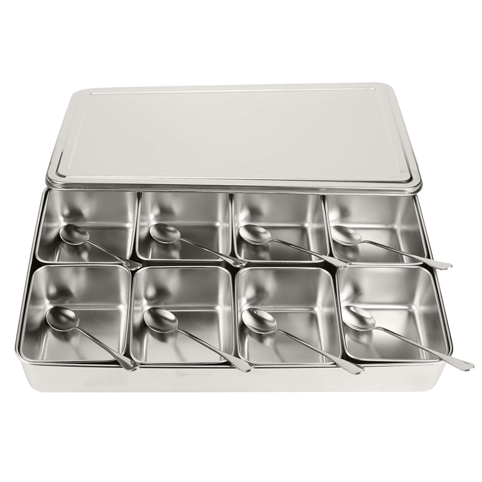 Yosoo Health Gear Assaisonnement Box, Boîte à épices En acier inoxydable à 8 Grilles Avec Couvercles Et Cuillères, Boîte à Condiments Métal, Pots à épices Cuisine