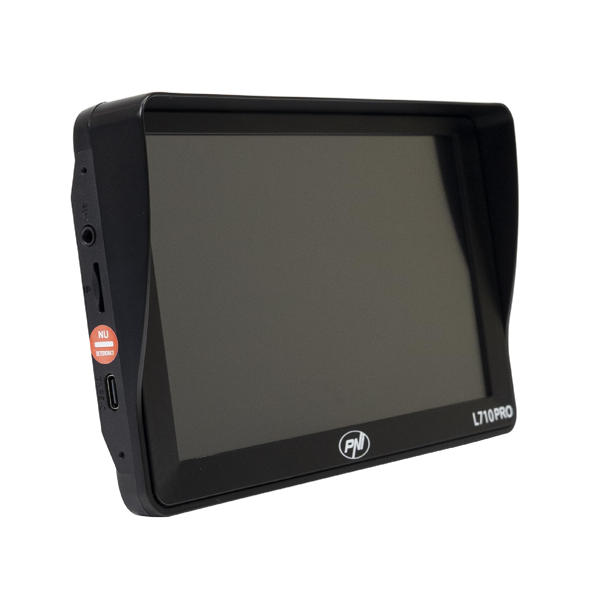 Sistema di navigazione GPS PNI L710 PRO con visiera parasole, 7 pollici, 800 MHz, 256 MB DDR, memoria interna da 16 GB, trasmettitore FM, con due caricatori per auto inclusi