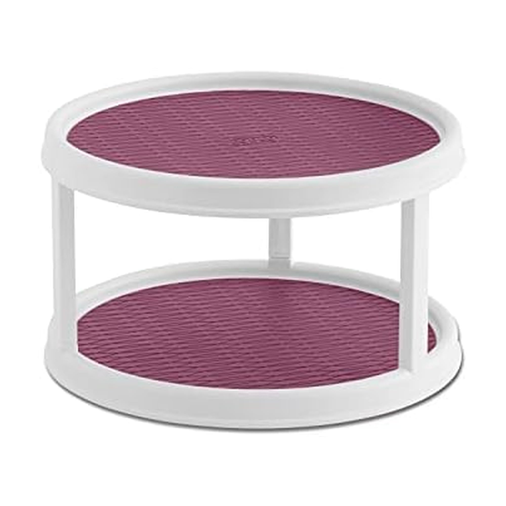 Copco 2-Tier Lazy Susan Turntable Organizer, 12 Inch Rotating Cabinet and Pantry Storage with Nonskid Purple Liner, White Plastic, Kitchen Countertop and Refrigerator Organization