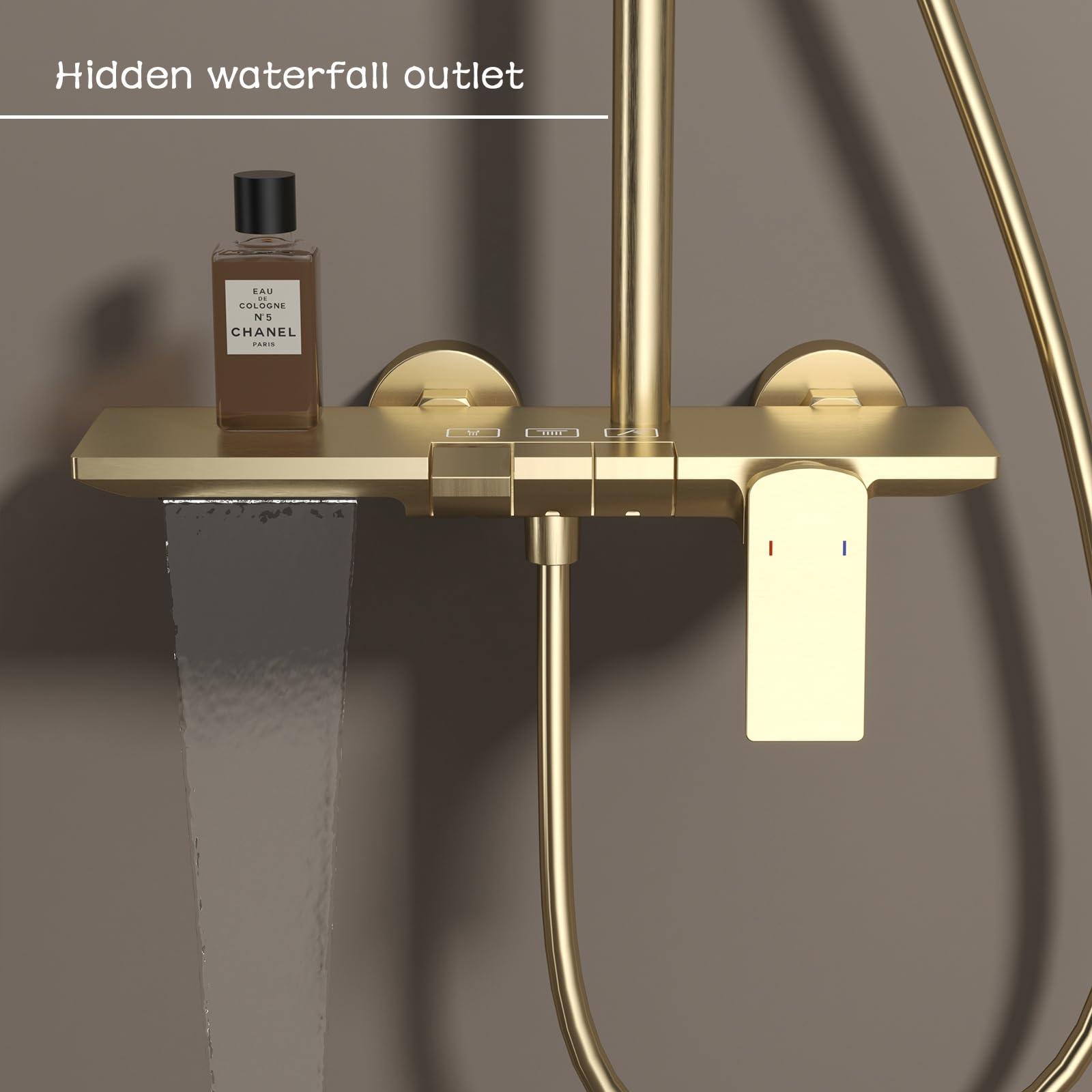 Gebürstetes Gold Duschsystem Regendusche mit Armatur, Höhenverstellbar Duscharmatur Komplettset mit 32.5cm Kopfbrause, 4-Strahl Handbrause Duschset inkl Brausestange und Schlauch