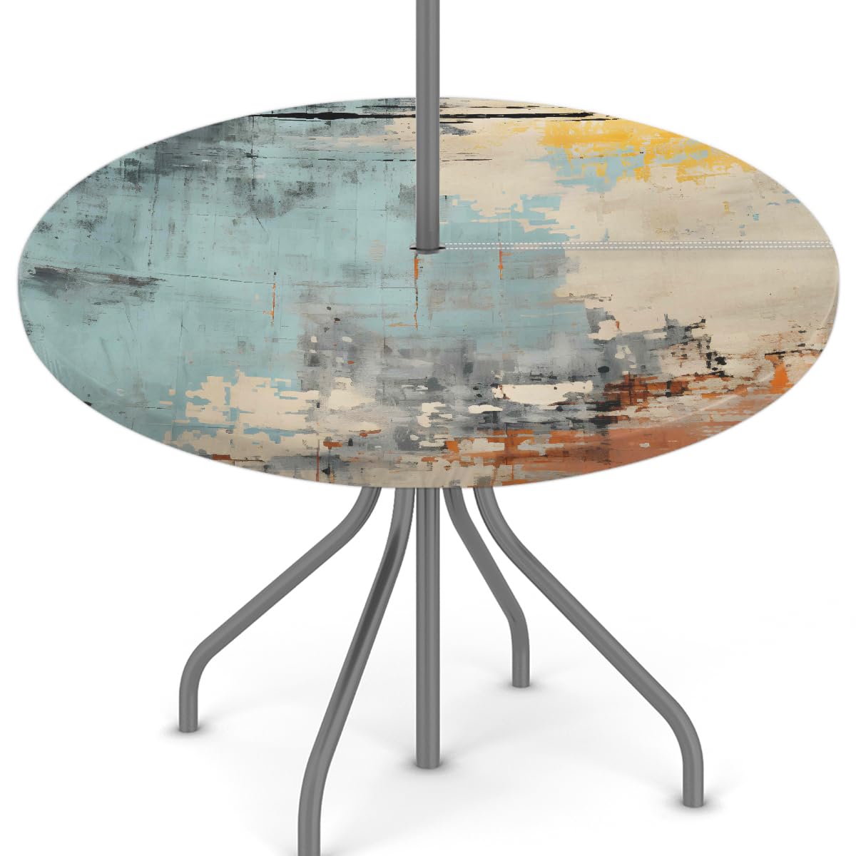 Mexpekil Abstract Colorful Printing Round Tablecloth with Umbrella Hole and Zipper Wipeable Fitted Table Cover with Elastic Edge Waterproof Table Protector for Patio (fit for 45''-56'' table)