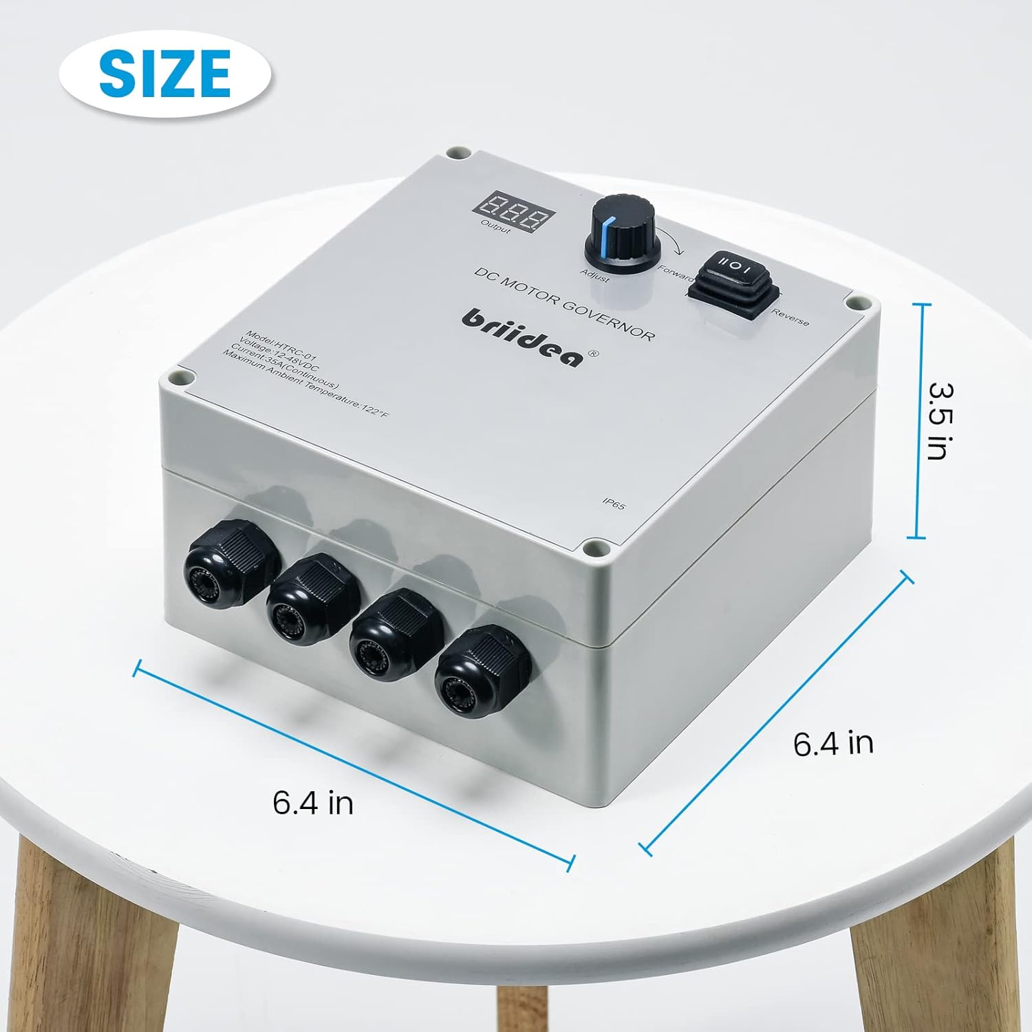 Diagram showing the dimensions of the Briidea HTRC-01 controller: 6.4 inches by 6.4 inches by 3.5 inches