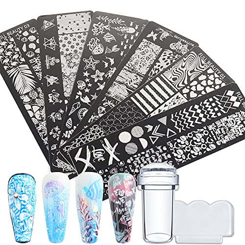 Nail Stamper Kits 6 Pcs Nail Art Stamp Template 1 Silicone Stamper 1 Scraper Nail Stamping Plates for Nail Undersea Animal Rose Leaf Flower Rose Heart Nail Stamper Stencil Set Manicure Art Supplies