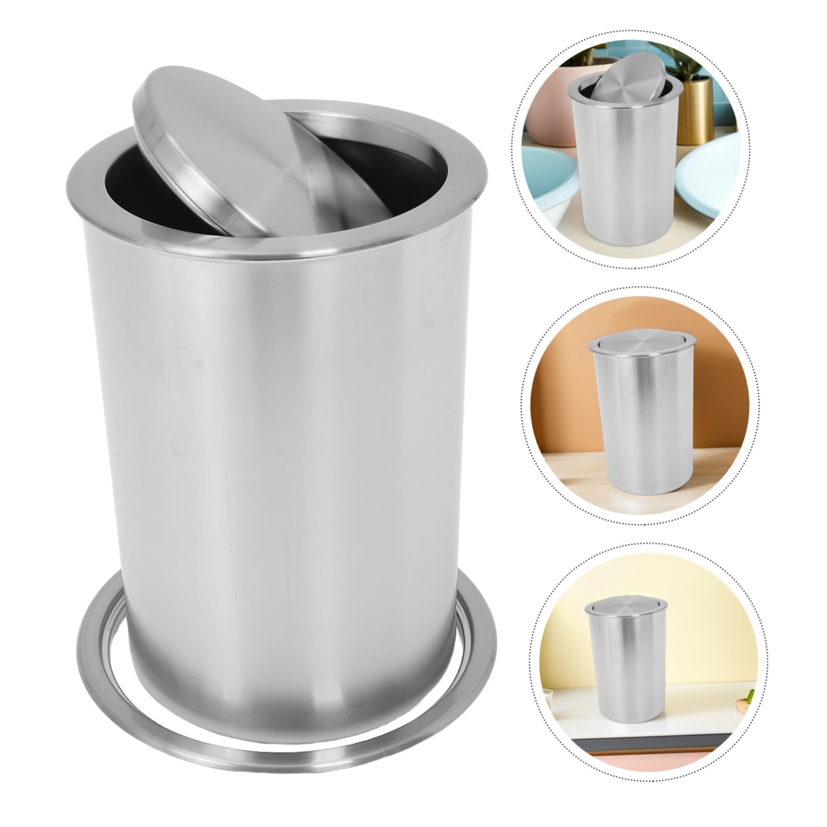 Cabilock Cubo de Basura de Acero Inoxidable Empotrado para Cocina con Diseño Ahorrador de Espacio y Tapa Abatible Redonda Moderno para Hogar y Restaurante