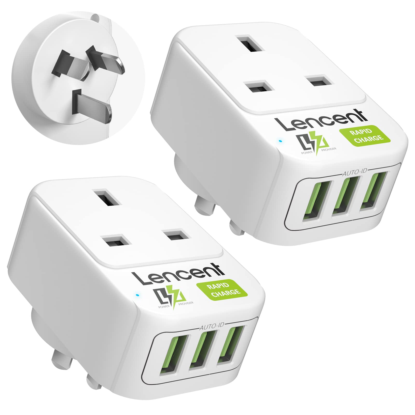 LENCENT 2 Packs UK to Australia China Plug Adapter with 3 USB Ports,Grounded Australian Travel Adapter for Australia New Zealand China Fiji Argentina and more (Type I)