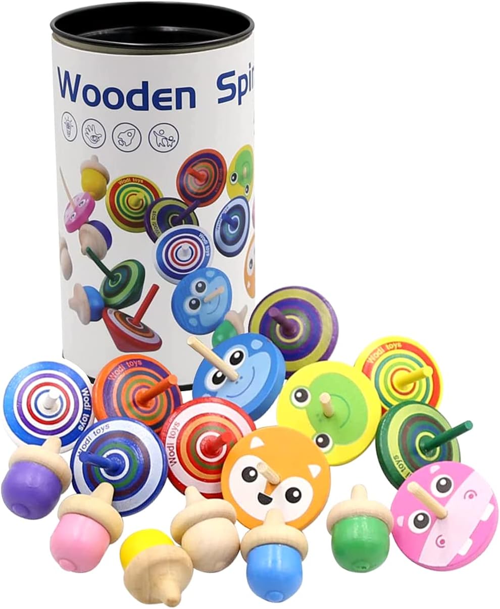 OBEST 17 Pcs Peonzas de Madera de Colores con Caja de Almacenaje Juguetes para niños, Creativo Juego de peonzas, Regalos para Comuniones, Fiesta Cumpleaños Favores