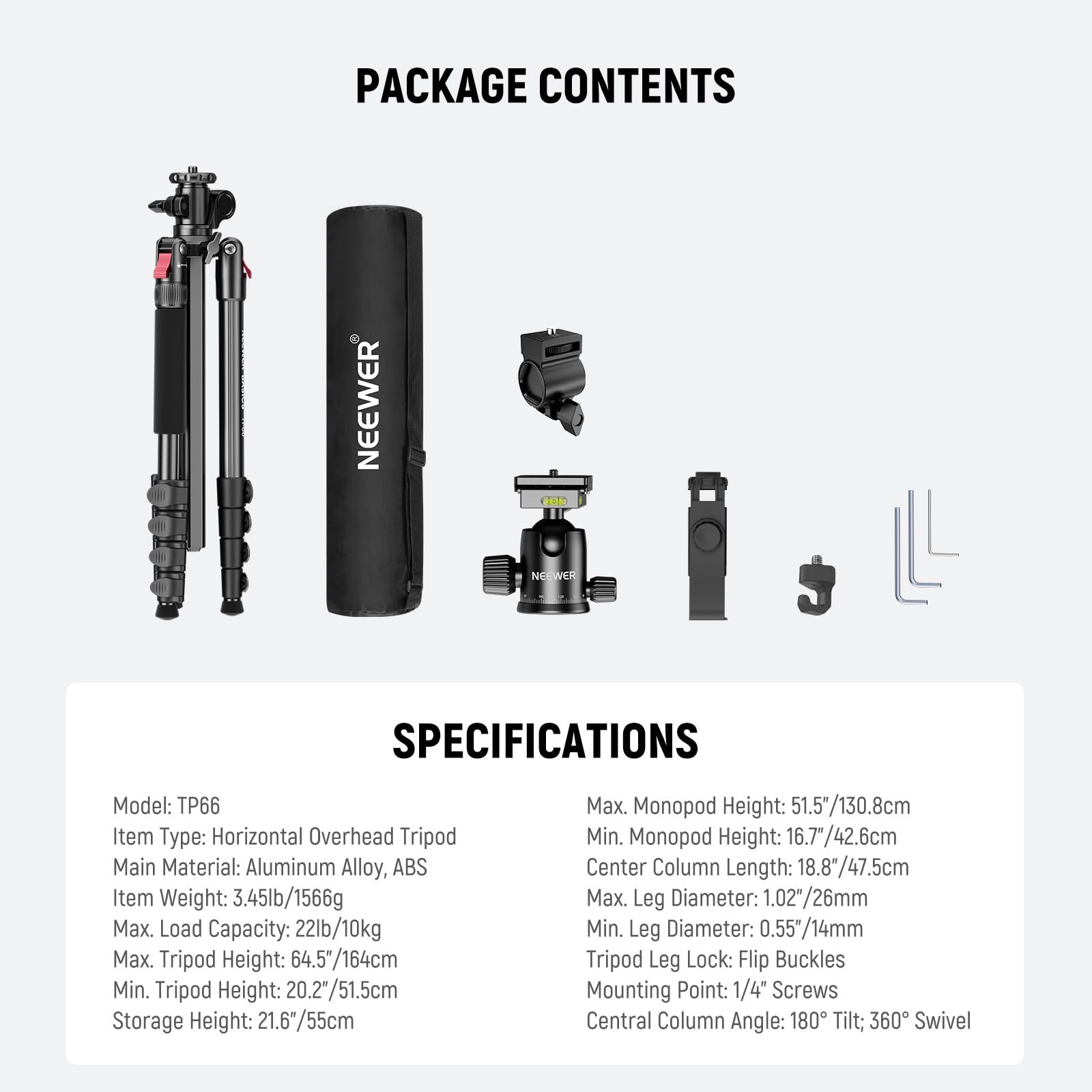 NEEWER BASICS 163.8 cm poziomy statyw monopod do podwójnego aparatu aluminiowy podróżny DSLR stojak na kamerę z uchwytem na telefon komórkowy kompatybilny z iPhone'em do nagrywania wideo, obciążenie