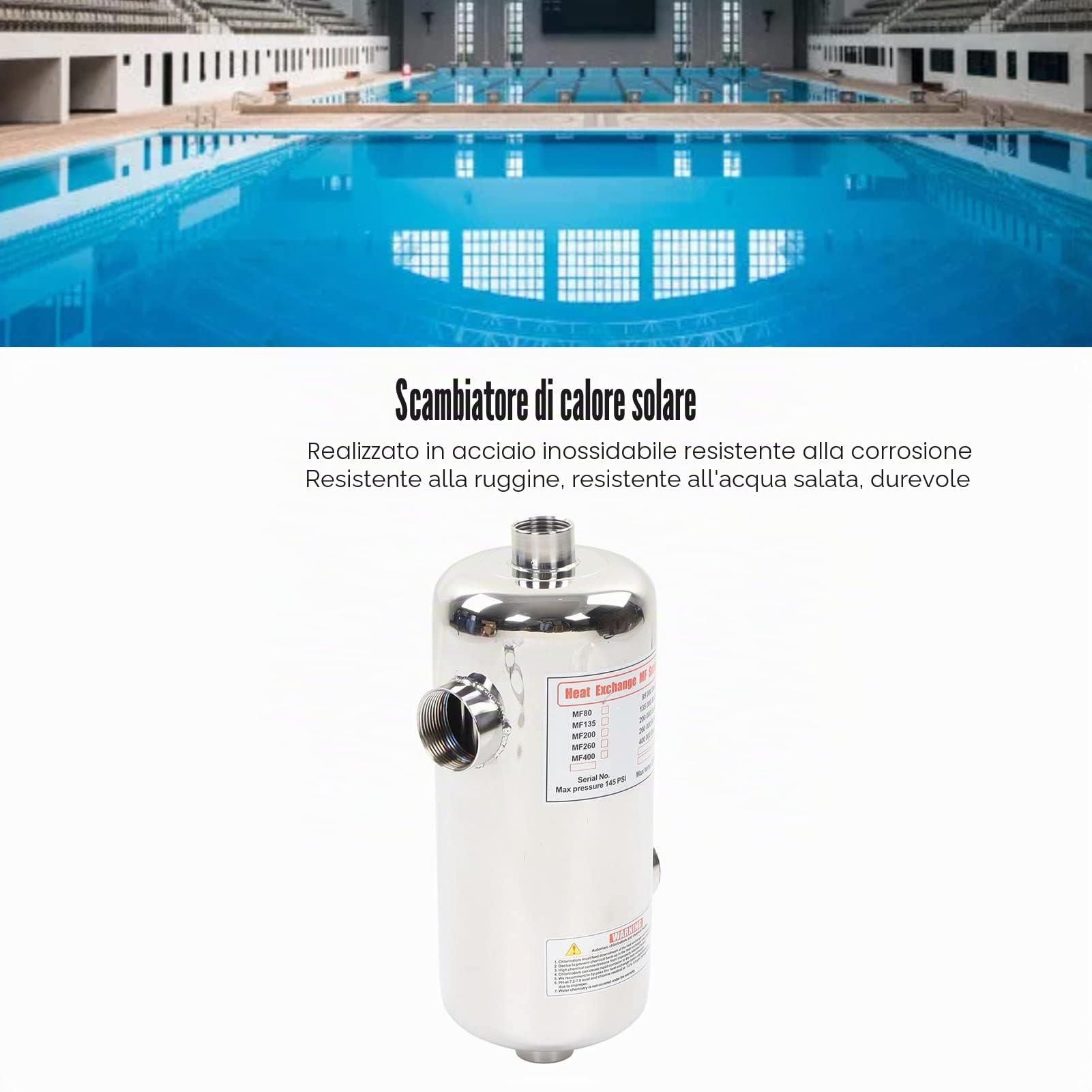 Fockety Scambiatore di Calore per Piscina, Scambiatore di Calore a Guscio Tubolare in Acciaio Inossidabile da 40 KW, Scambiatore di Calore Ad Acqua Salata per Spa, Vasca Idromassaggio
