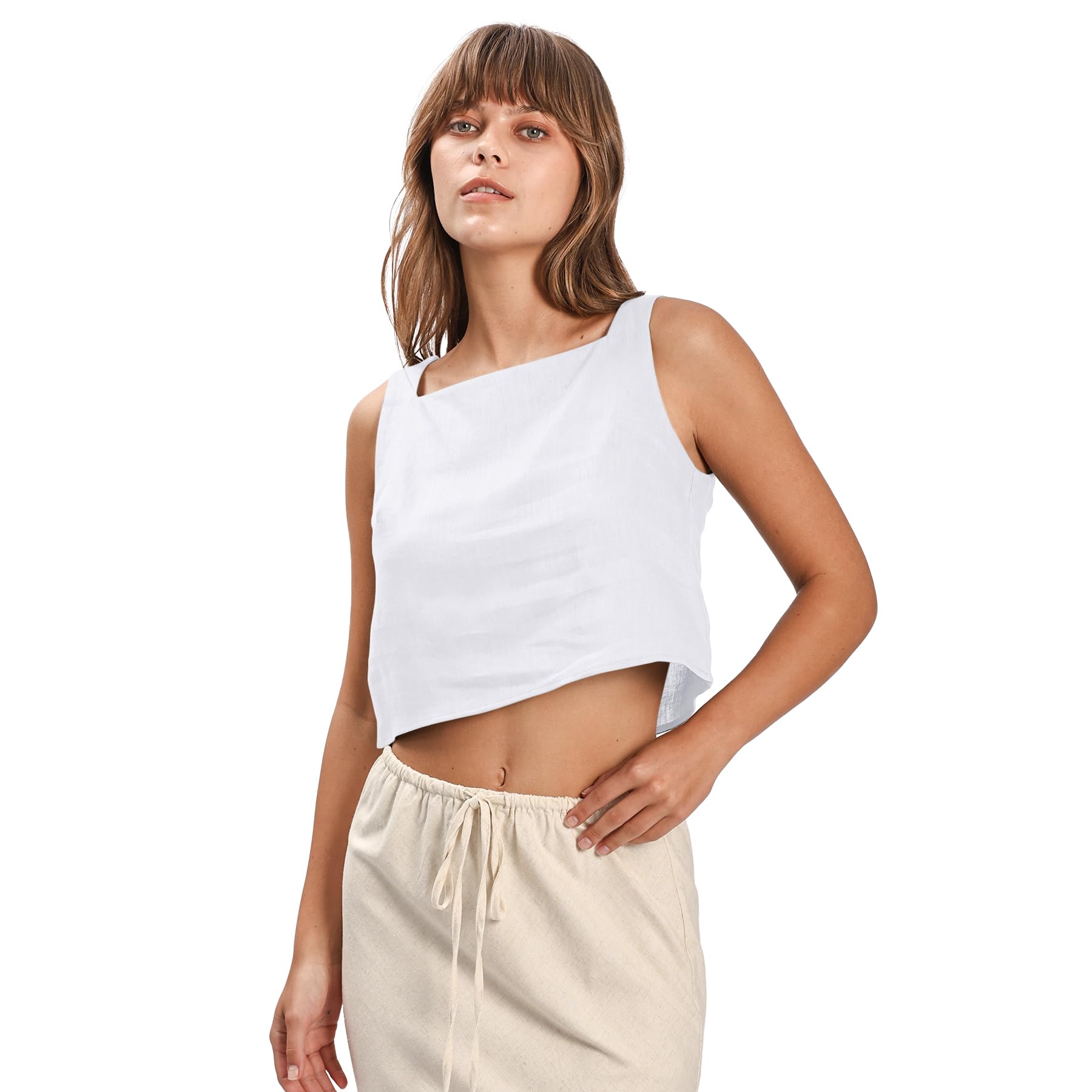 Amazhiyu Blusa corta de verano 100 % lino para mujer, cuello cuadrado, sin mangas, espalda con abertura en la espalda