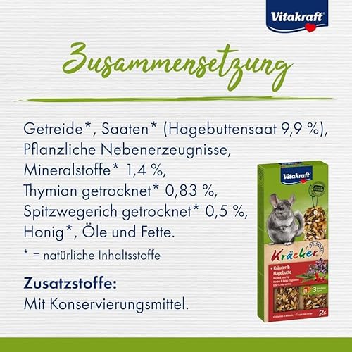 Vitakraft Kräcker, Knabberstangen, Nagersnack, für Chinchillas, zur Zahnpflege, mit Kräutern, mit Hagebutte, ohne Zusatz von Zucker und Getreide (10x 112g)