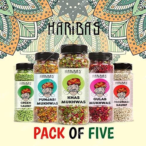 Image of HARIBAS Mukhwas Mouth Freshener PACK OF 5 with sauf mouth freshener, Green Saunf 180G, Punjabi 200GM, Khas Chandan 180G, Gulab 200 Gram and Madrasi white saunf 150G Bottle
